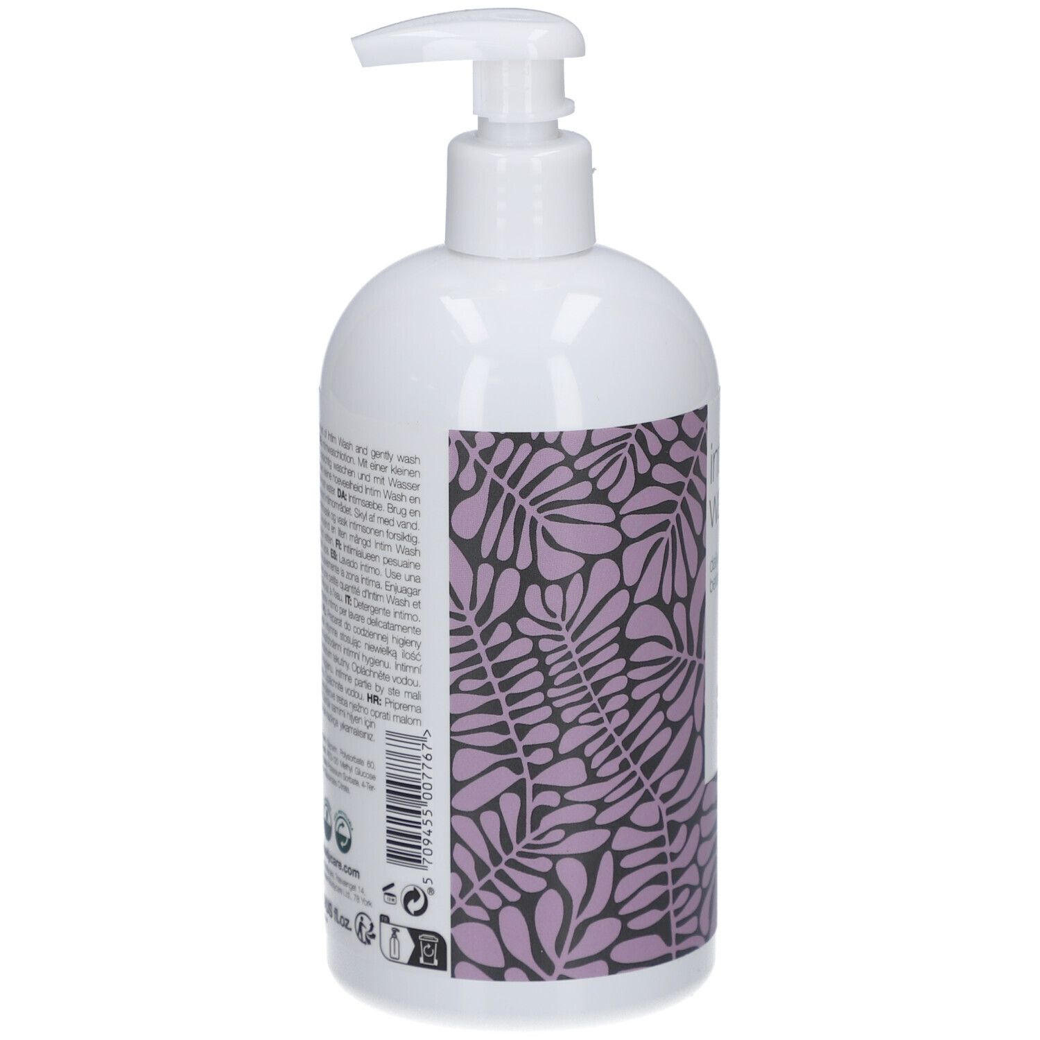 Dos du flacon blanc avec motif violet et texte. Informations produit.