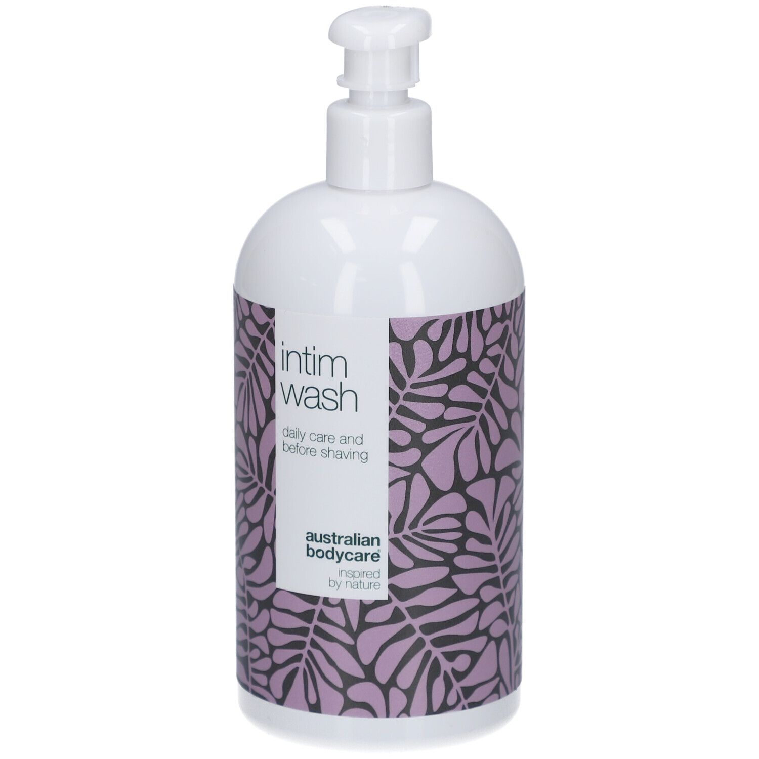 Flacon blanc avec motif violet et texte: Intim Wash. Australian Bodycare.