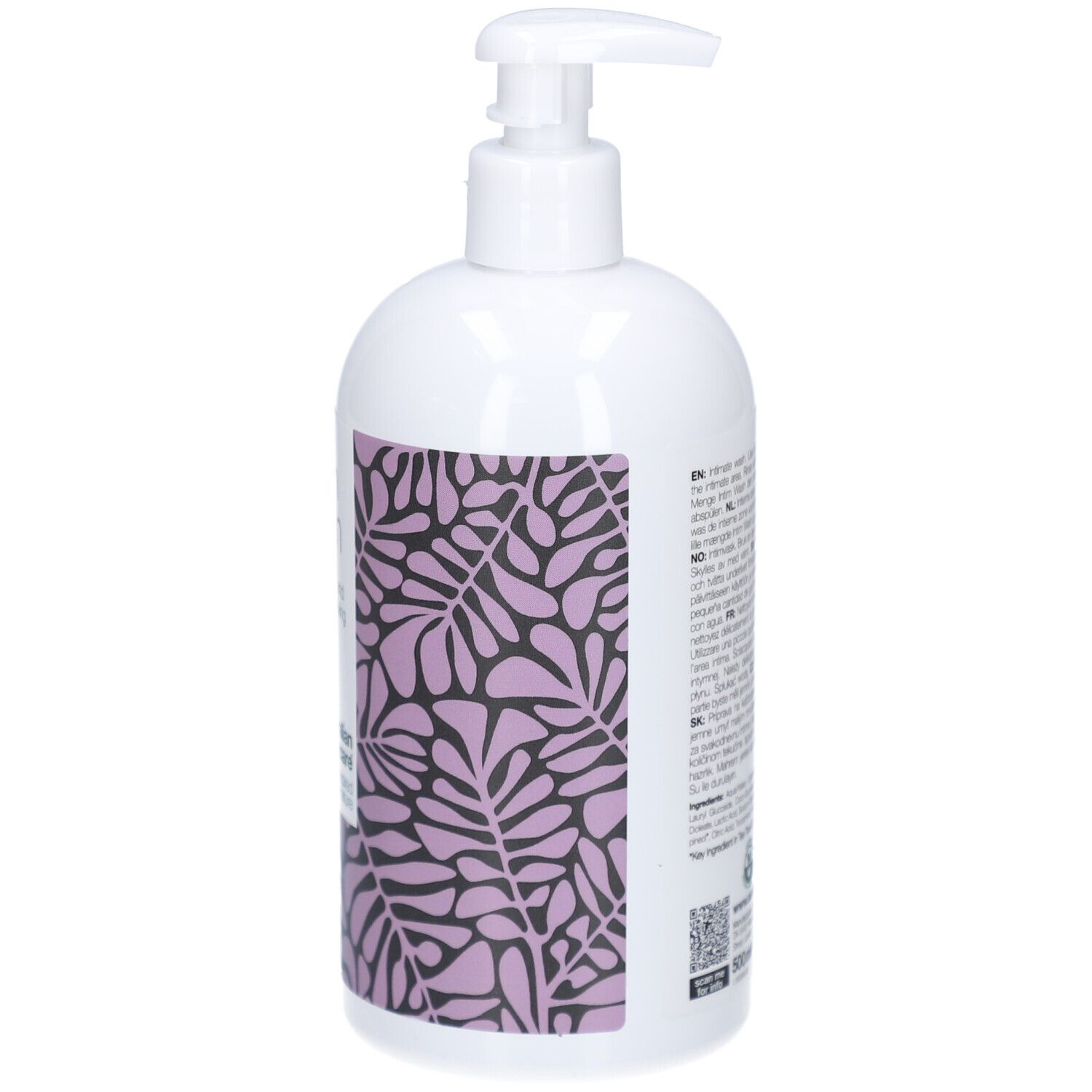 Dos du flacon blanc avec motif violet et texte. Informations produit.