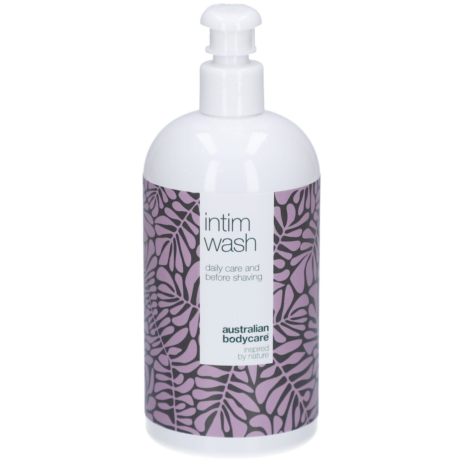 Flacon blanc avec motif violet et texte: Intim Wash. Australian Bodycare.