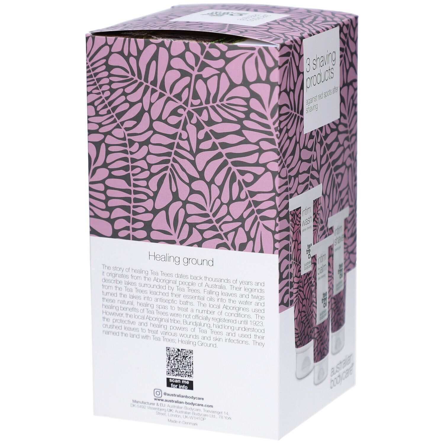 Boîte pour 3 produits de rasage avec motif de feuilles rose et gris.