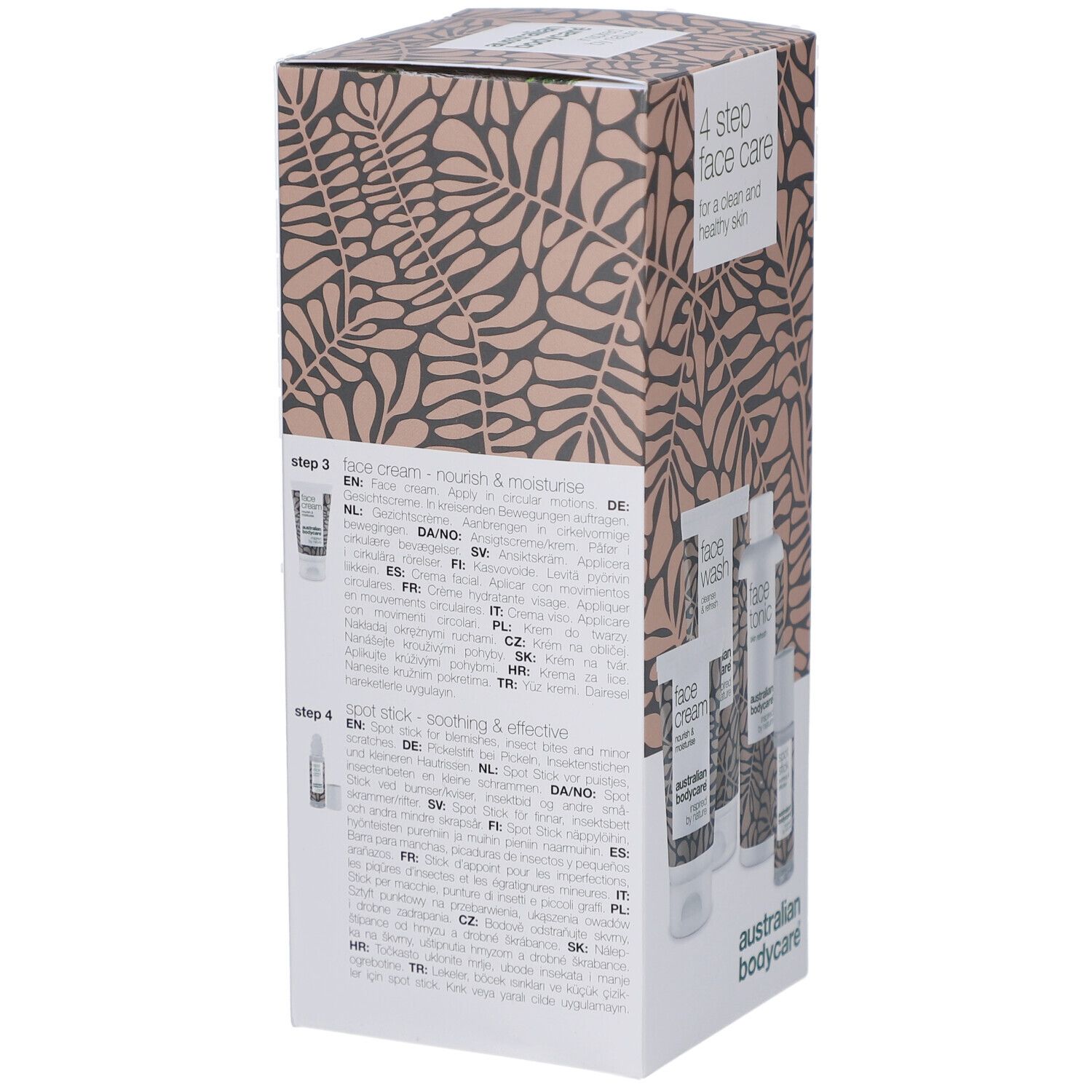 Boîte pour soins du visage en 4 étapes, motif floral. Contient des instructions pour crème visage et stick local.