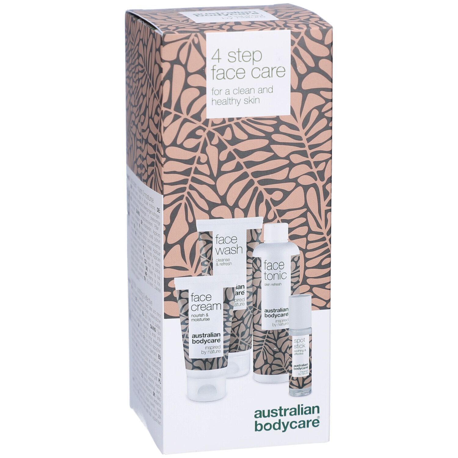 Ensemble de soins du visage en 4 étapes d'Australian Bodycare : crème, nettoyant, tonique et traitement localisé.