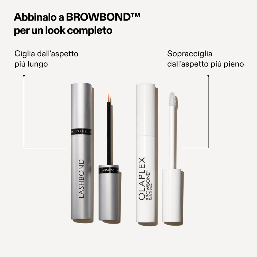 Deux produits côte à côte. Gauche : LASHBOND. Droite : BROWBOND. Texte : Ciglia dall'aspetto più lungo, Sopracciglia dall'aspetto più pieno.