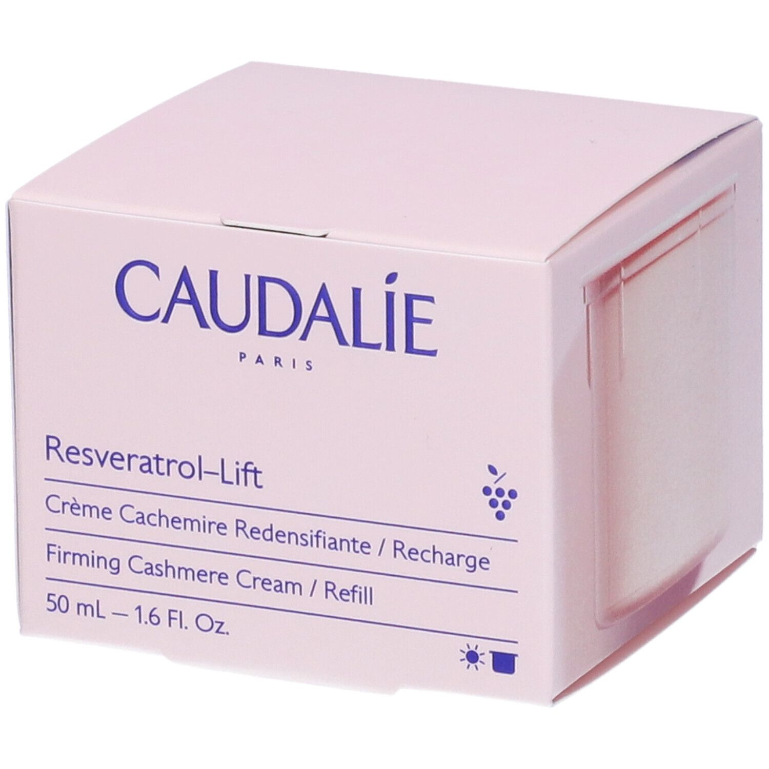 Boîte rose Caudalie. Inscription: Resveratrol-Lift, Crème Cashmere Ridensificante, 50 ml.