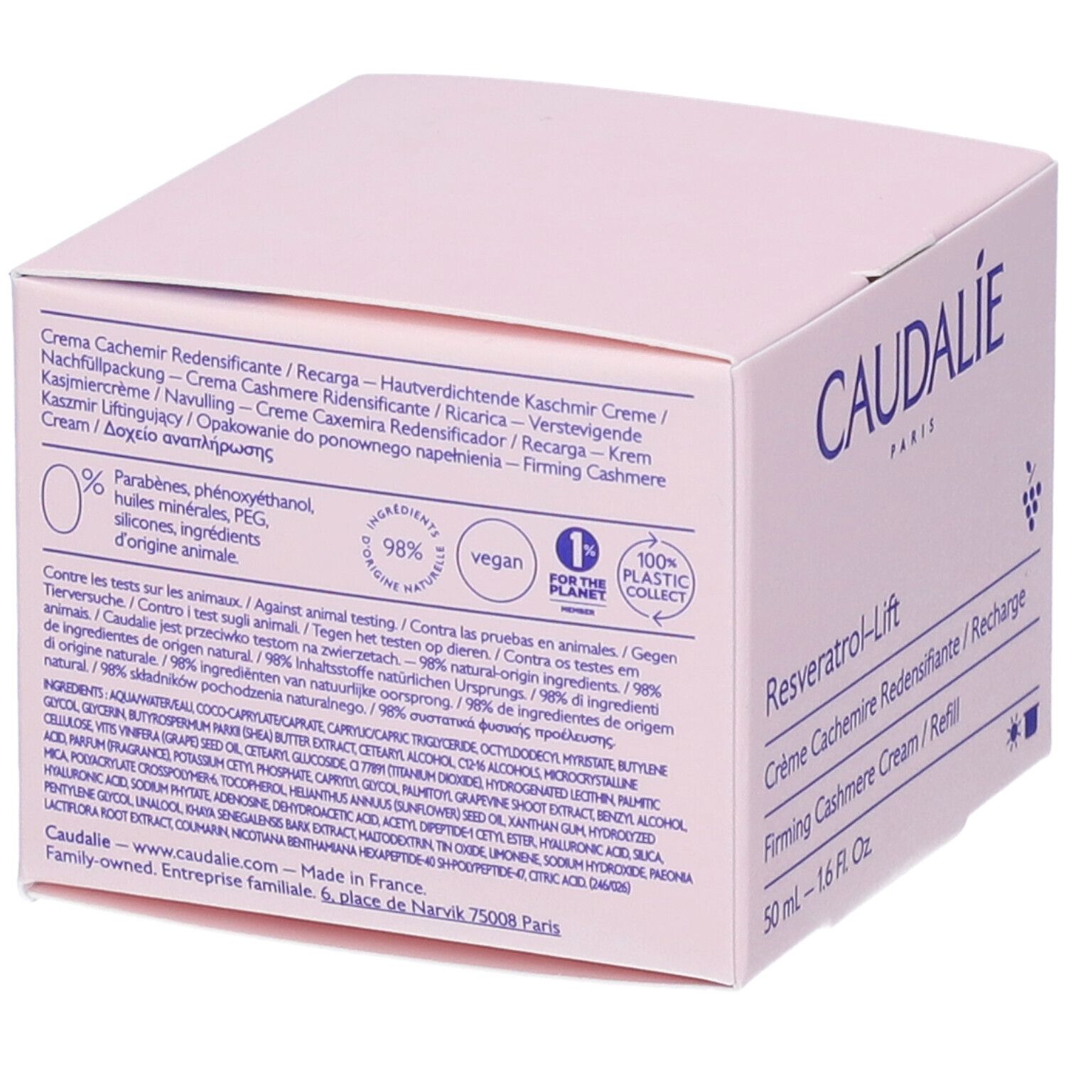Boîte rose Caudalie avec informations produit. Inscription: Crème Cashmere Ridensificante, vegan, 100% Plastic Collect.