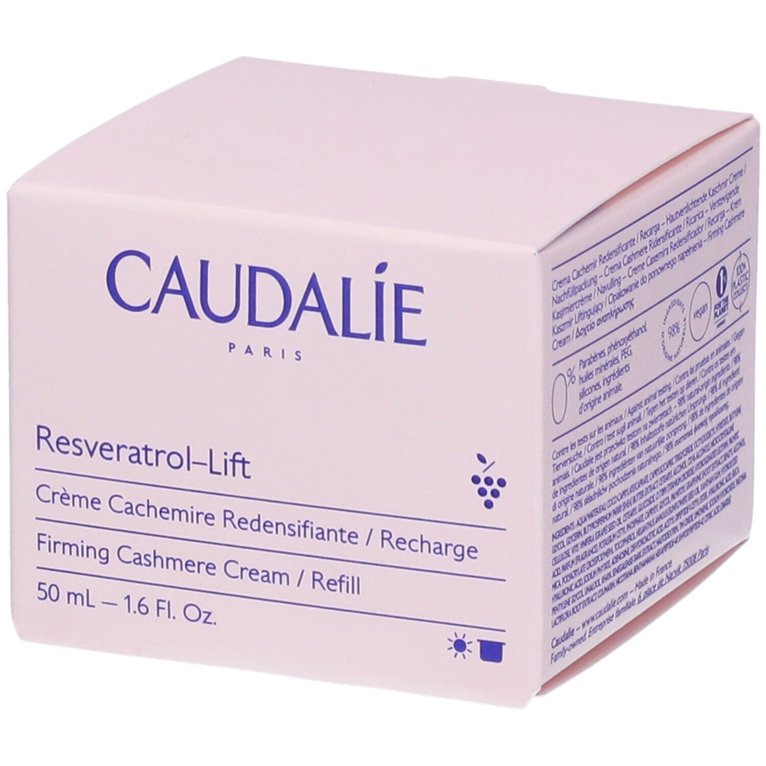 Boîte rose Caudalie. Inscription: Crème Cashmere Ridensificante, vegan, 100% Plastic Collect.