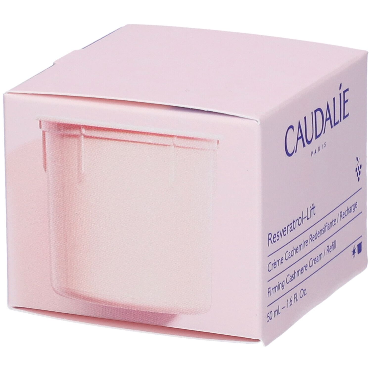 Boîte rose Caudalie. Intérieur visible. Inscription: Crème Cashmere Ridensificante.