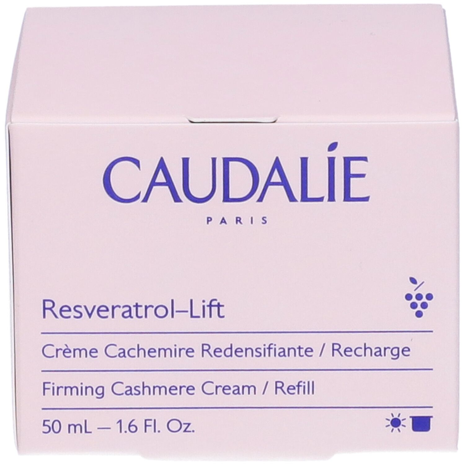 Boîte rose Caudalie. Inscription: Crème Cashmere Ridensificante, 50 ml.