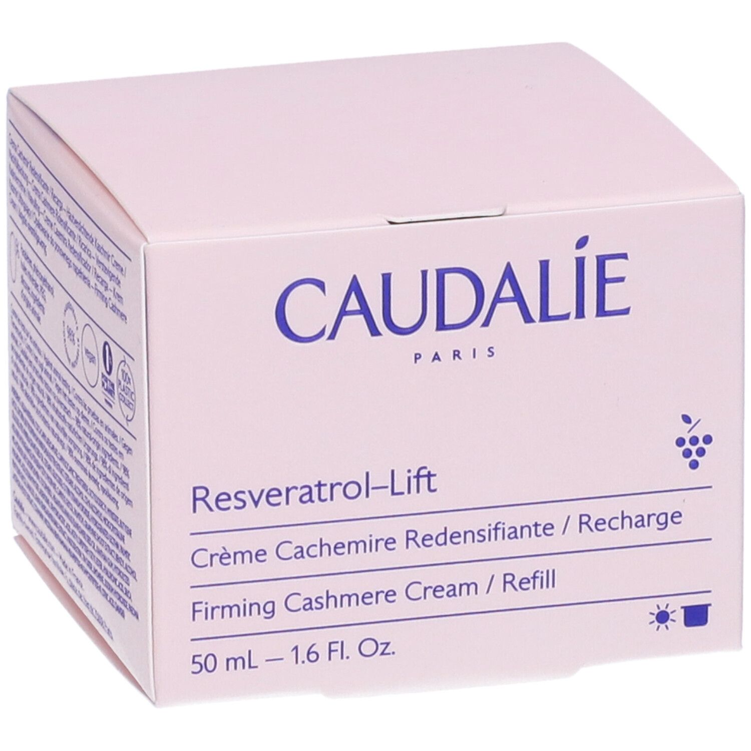 Boîte rose Caudalie. Inscription: Crème Cashmere Ridensificante, 50 ml.