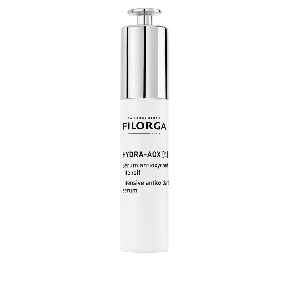 Wit serum met zilveren dop. Opschrift: Filorga, Hydra-Aox [5], Sérum antioxydant intensif.
