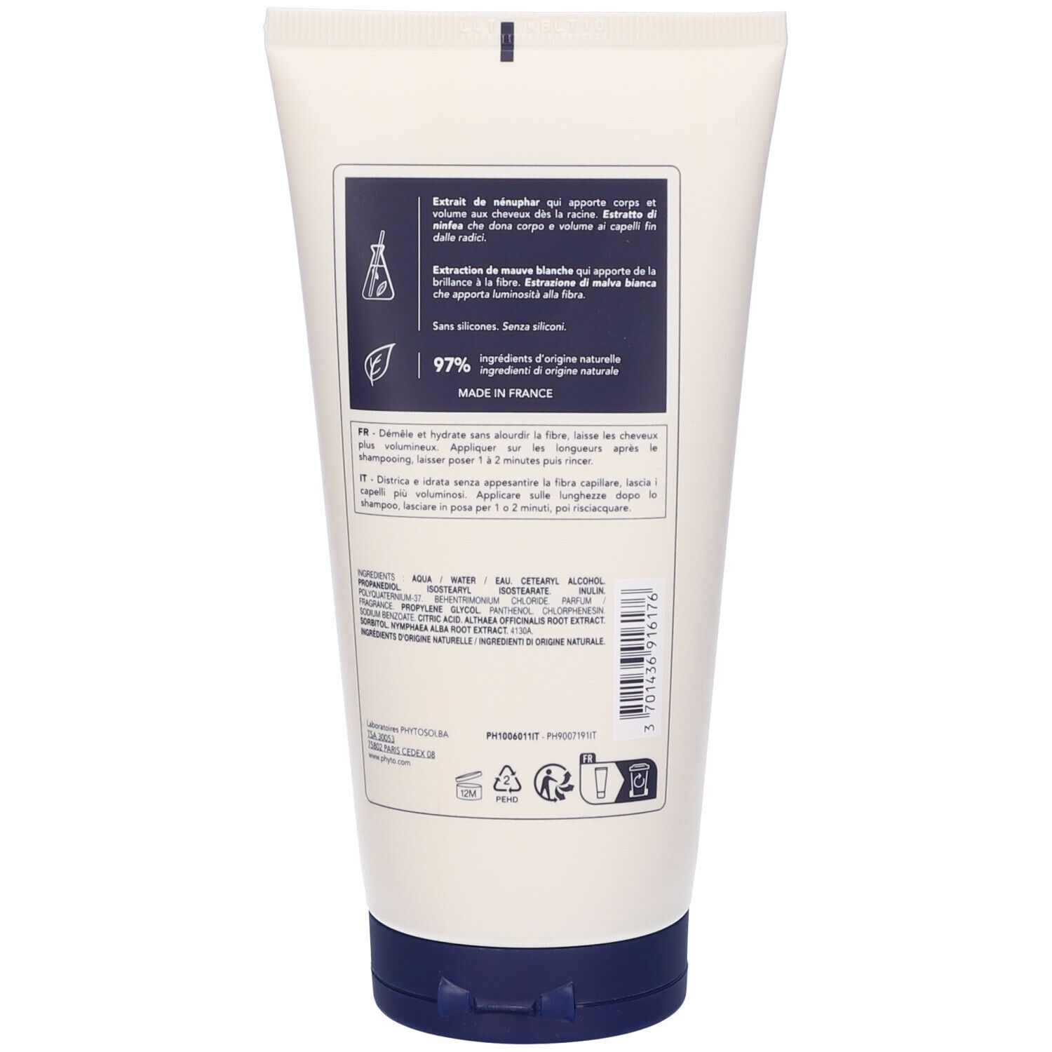 Tube de crème avec étiquette arrière détaillant les ingrédients et les instructions d'utilisation multilingues. Fabriqué en France.
