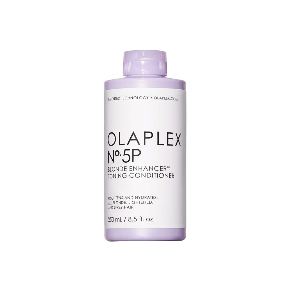 Flacon Olaplex Nº.5P Blonde Enhancer Toning Conditioner. Flacon lilas clair avec étiquette blanche. Texte noir.