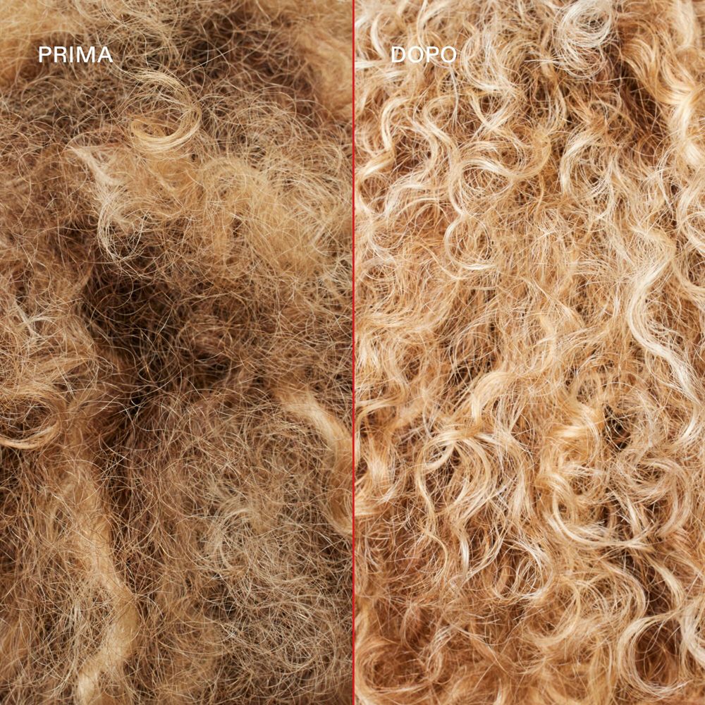 Comparaison avant-après de cheveux blonds bouclés. Les boucles semblent plus définies après le traitement.