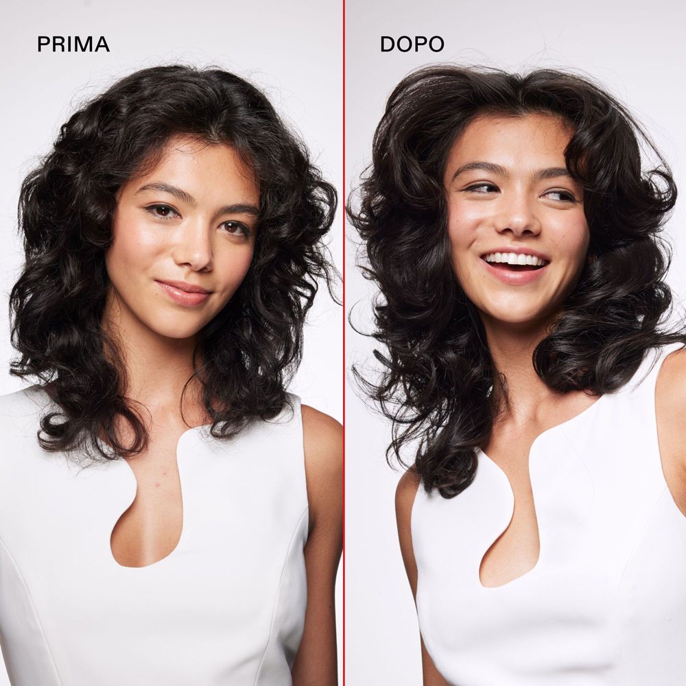 Comparaison avant-après. Femme aux cheveux bouclés, puis plus volumineux.