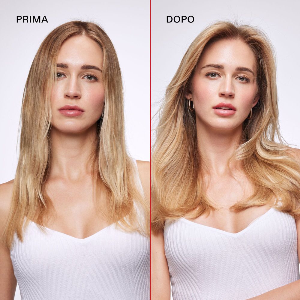 Comparaison avant-après. Femme aux cheveux blonds, puis plus lisses et volumineux.