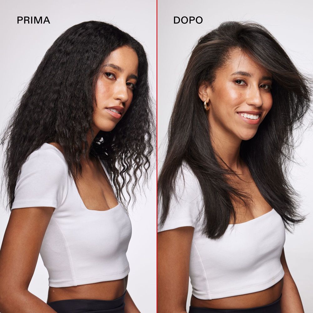Comparaison avant-après. Femme aux cheveux crépus, puis lisses et brillants.