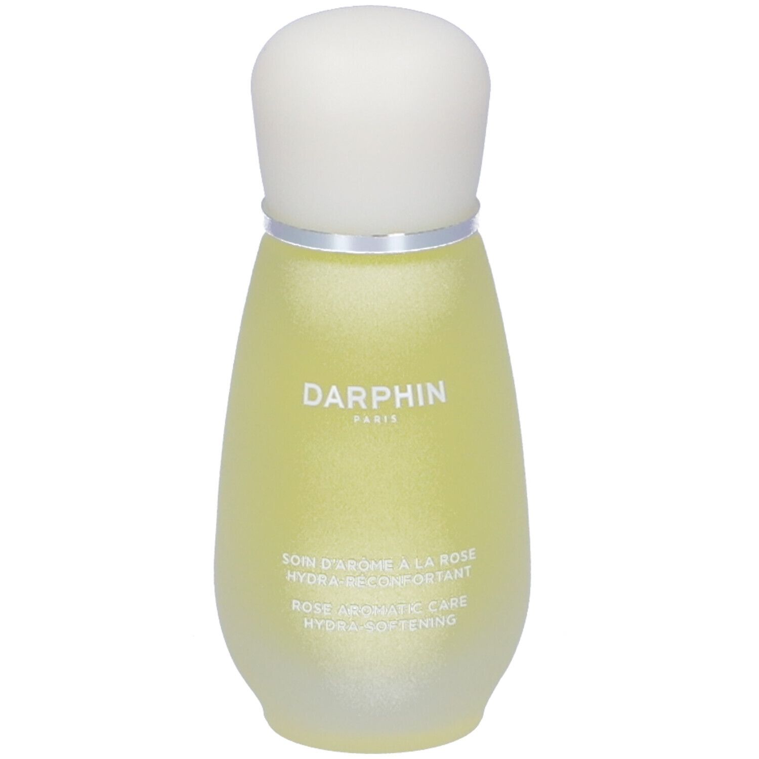 Flacon jaune avec bouchon blanc. Inscription: Darphin, Rose Aromatic Care.