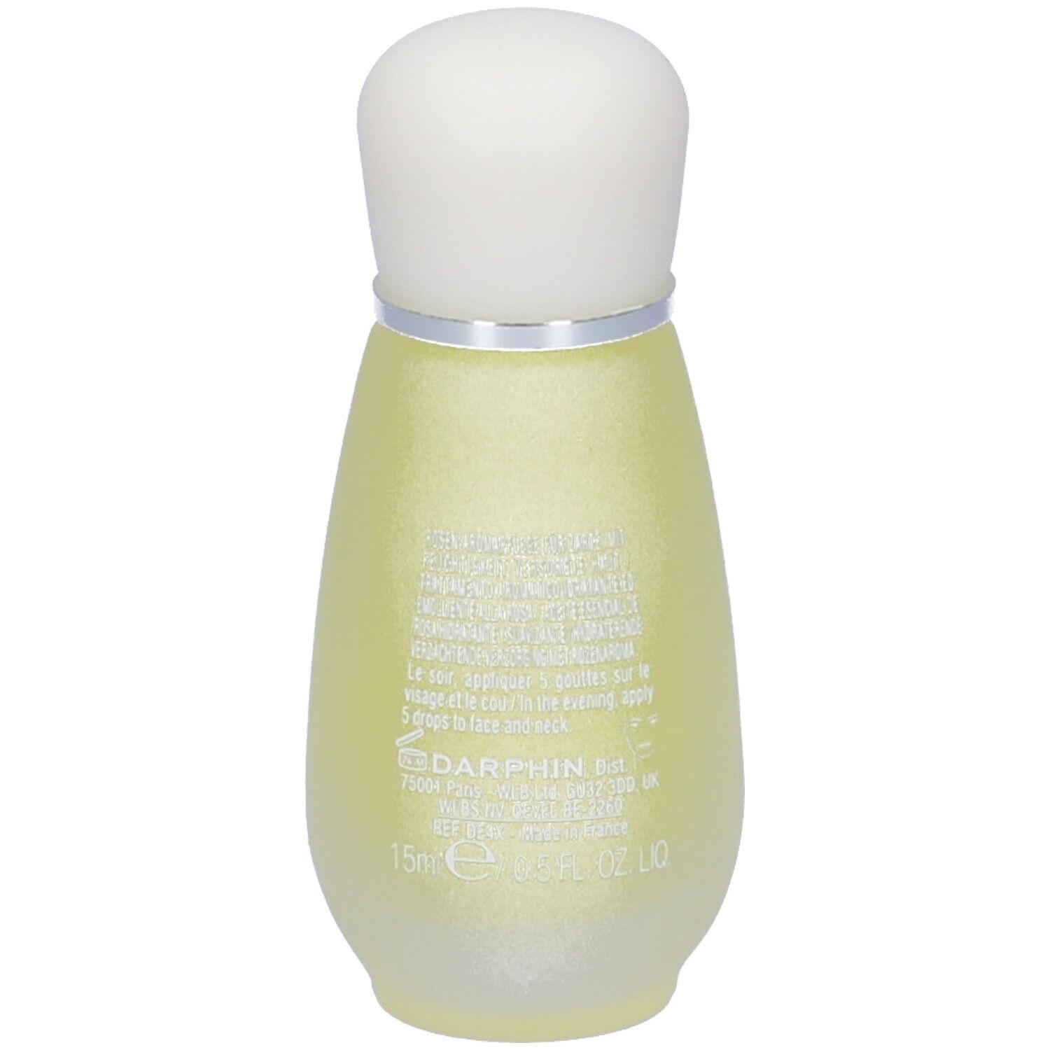 Flacon jaune avec bouchon blanc. Inscription: Darphin, 15ml.