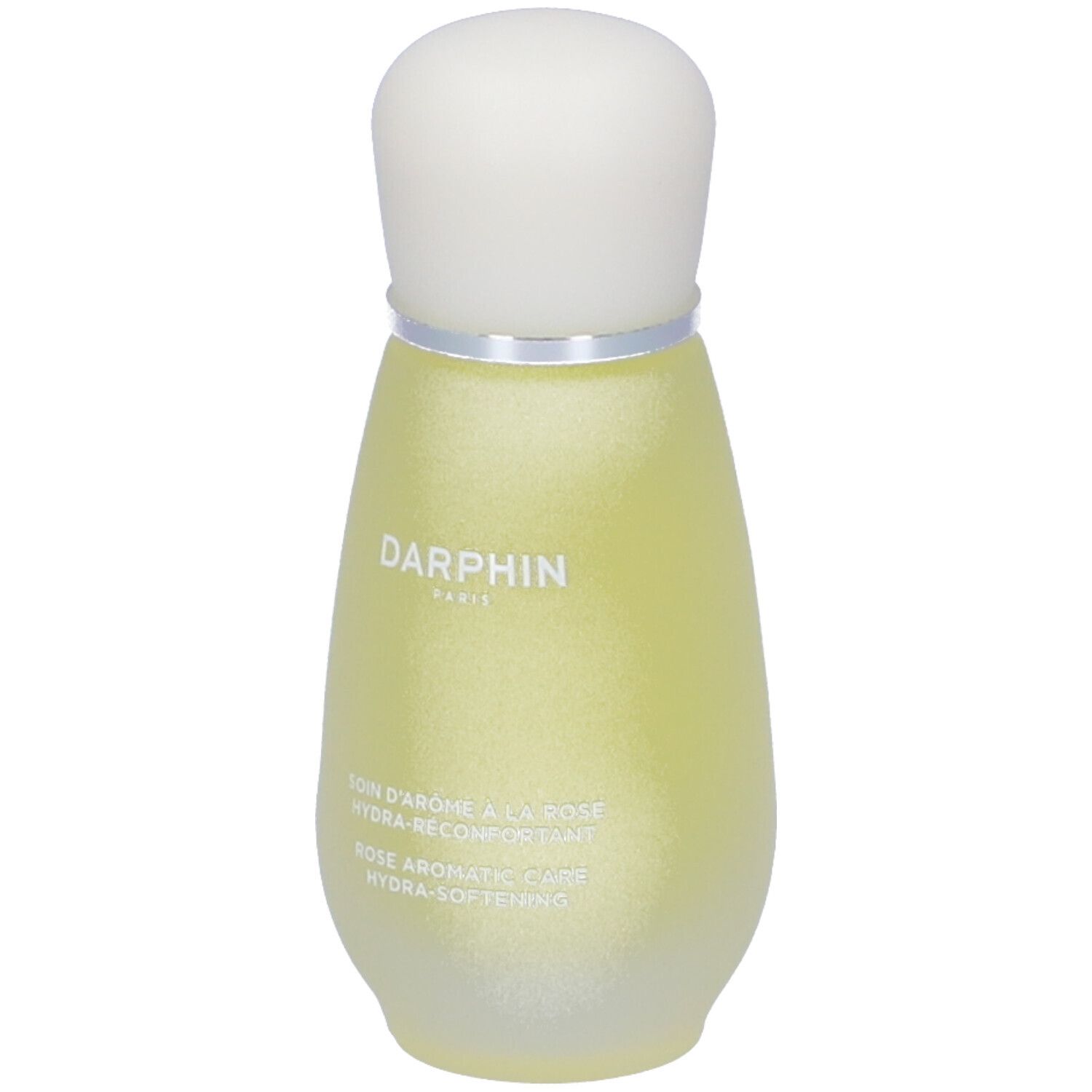 Flacon jaune avec bouchon blanc. Inscription: Darphin, Rose Aromatic Care.