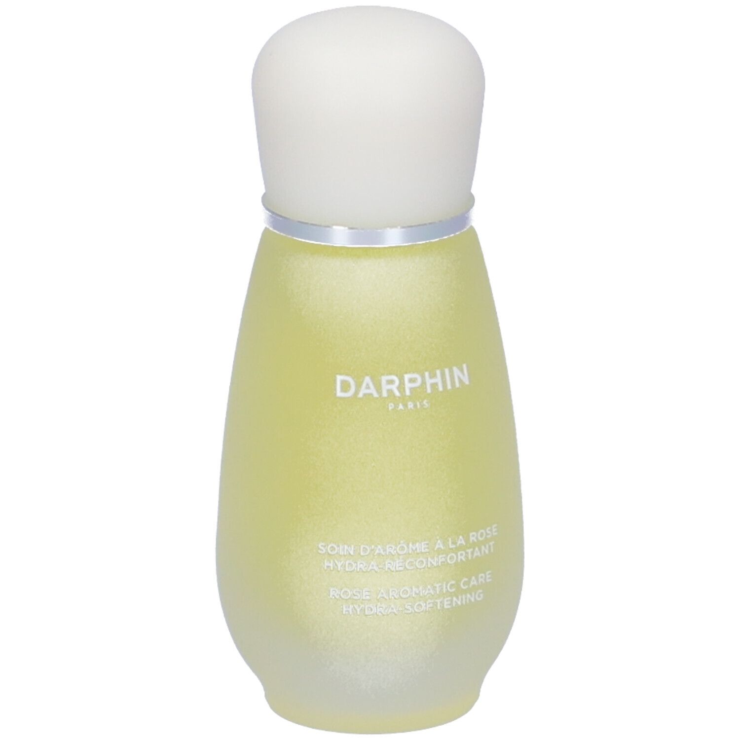 Flacon jaune avec bouchon blanc. Inscription: Darphin, Rose Aromatic Care.