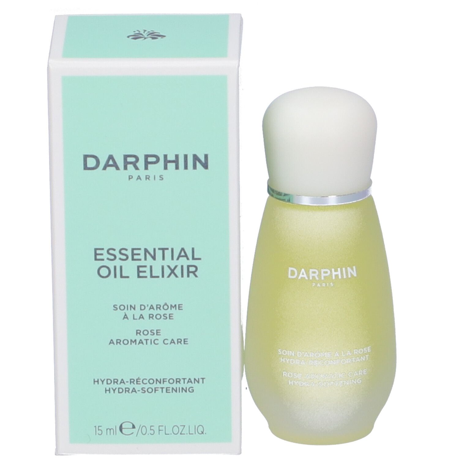Flacon et boîte. Inscription: Darphin, Essential Oil Elixir, Rose Aromatic Care, 15 ml.