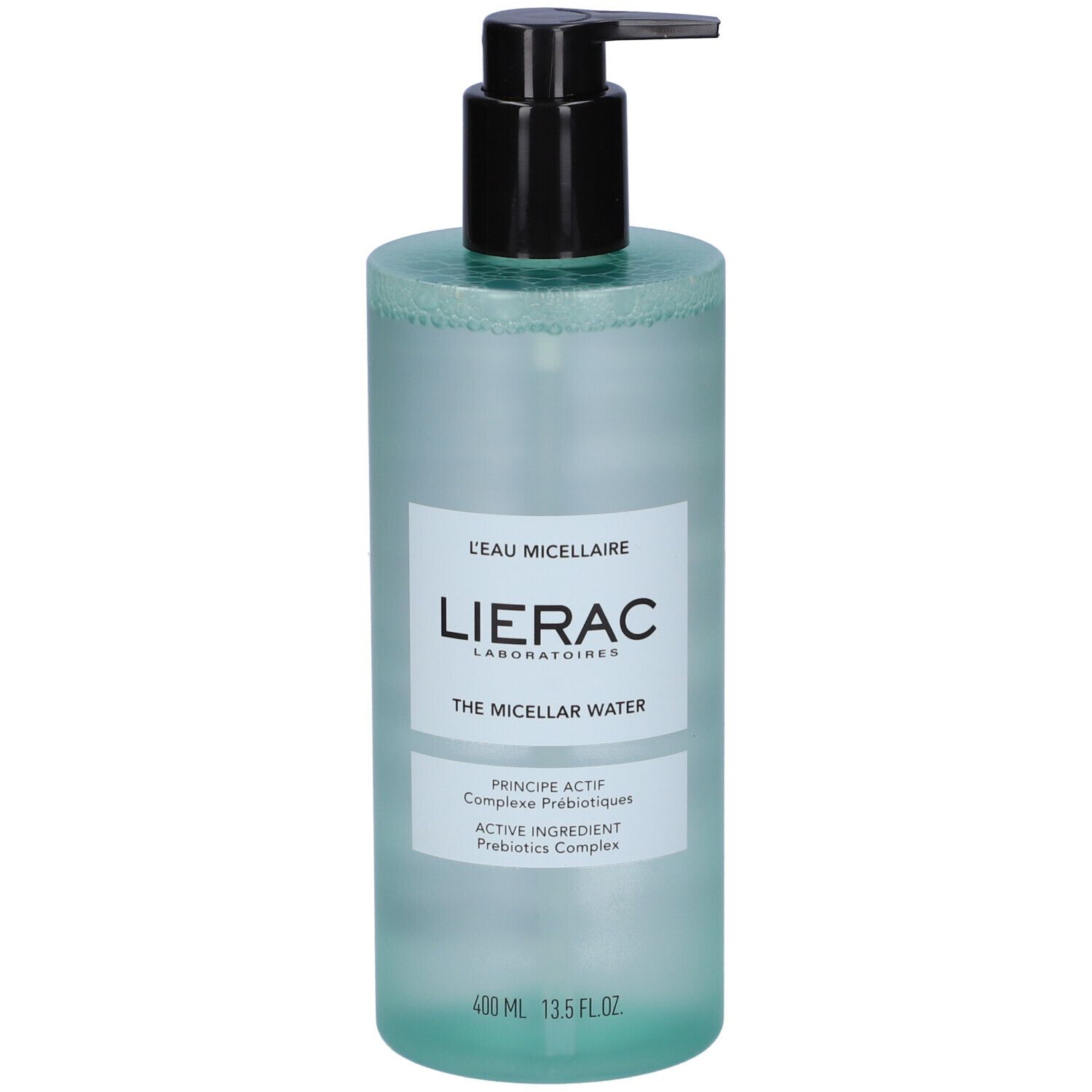 Cilindrische fles met zwarte pomp. Opschrift: Lierac, L'Eau Micellaire, The Micellar Water.