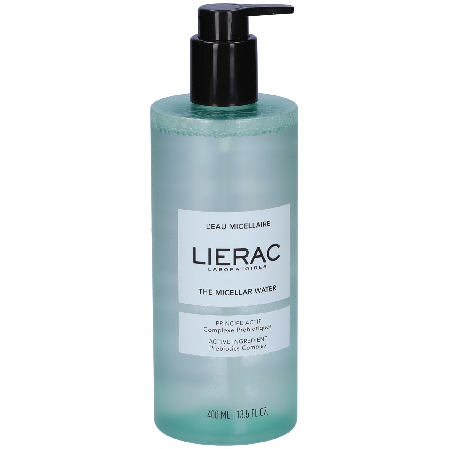 Cilindrische fles met zwarte pomp. Opschrift: Lierac, L'Eau Micellaire, The Micellar Water.