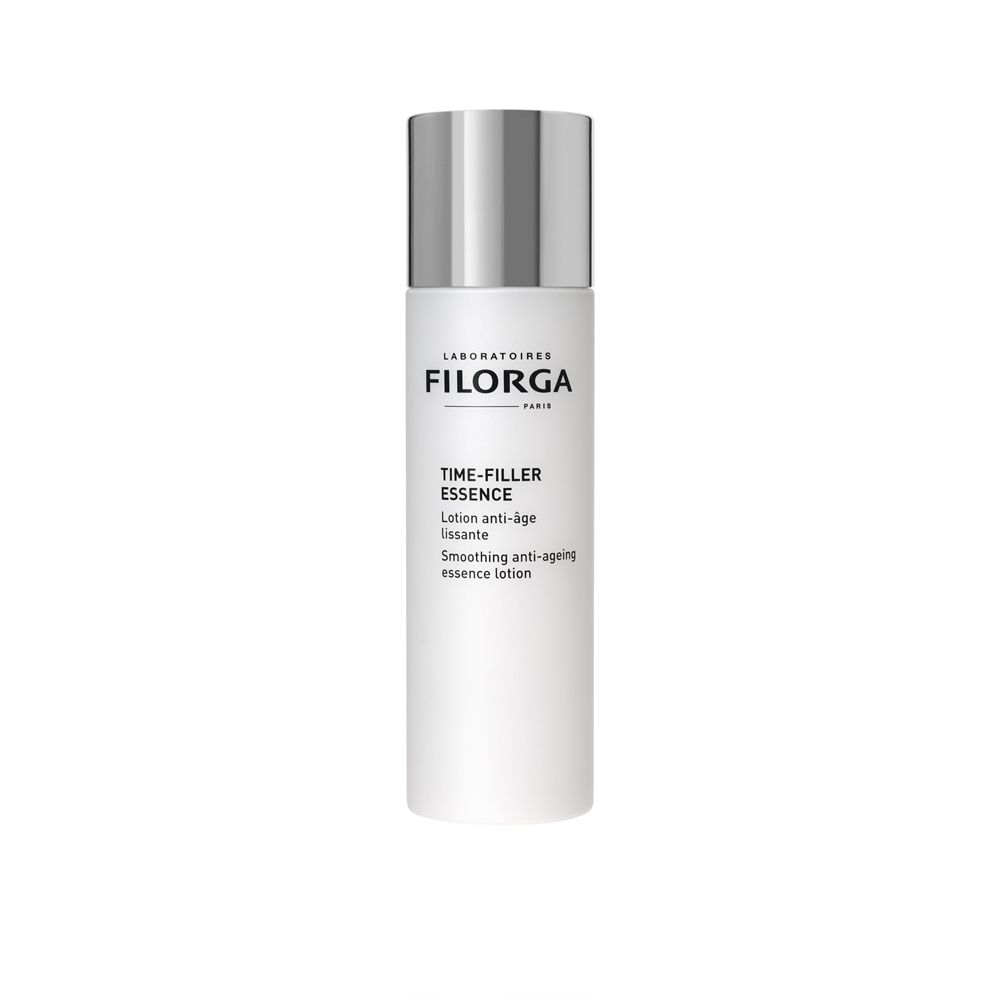 Witte fles met zilveren dop. Opschrift: FILORGA, TIME-FILLER ESSENCE. Anti-aging essence lotion.