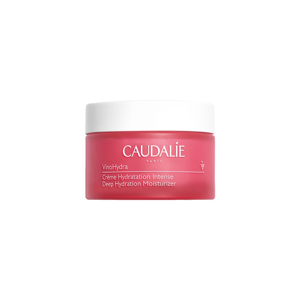 Pot rouge Caudalíe VinoHydra avec couvercle blanc. Inscription: Crème Hydratation Intense, Deep Hydration Moisturizer.