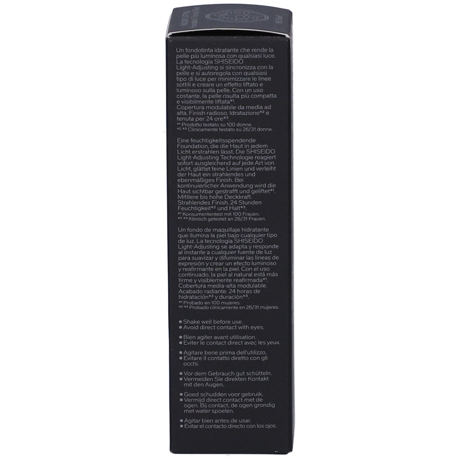 Emballage avec texte multilingue. Description du produit et instructions d'utilisation. Texte: Shake well before use.