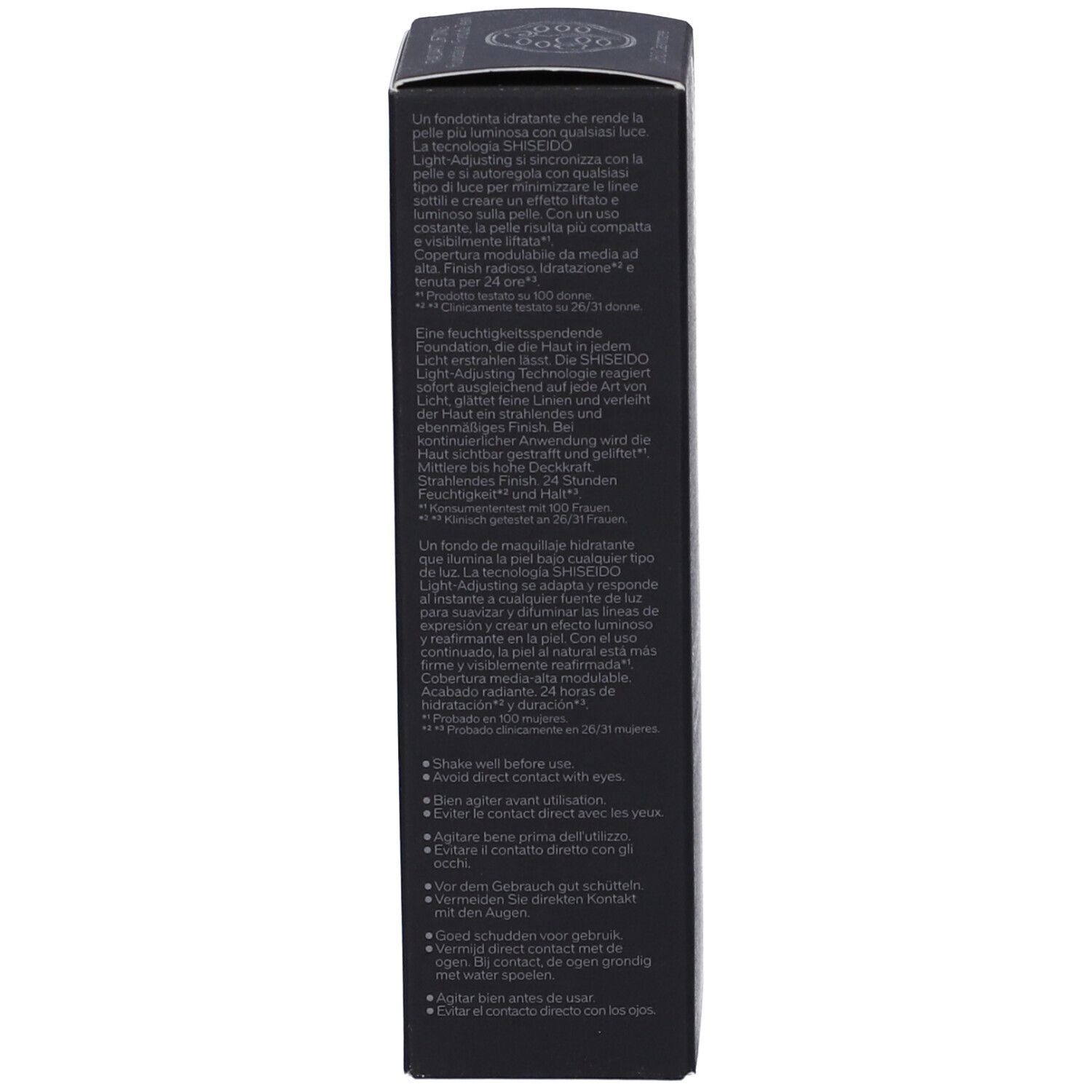 Emballage noir avec texte. Description du produit et instructions en plusieurs langues.