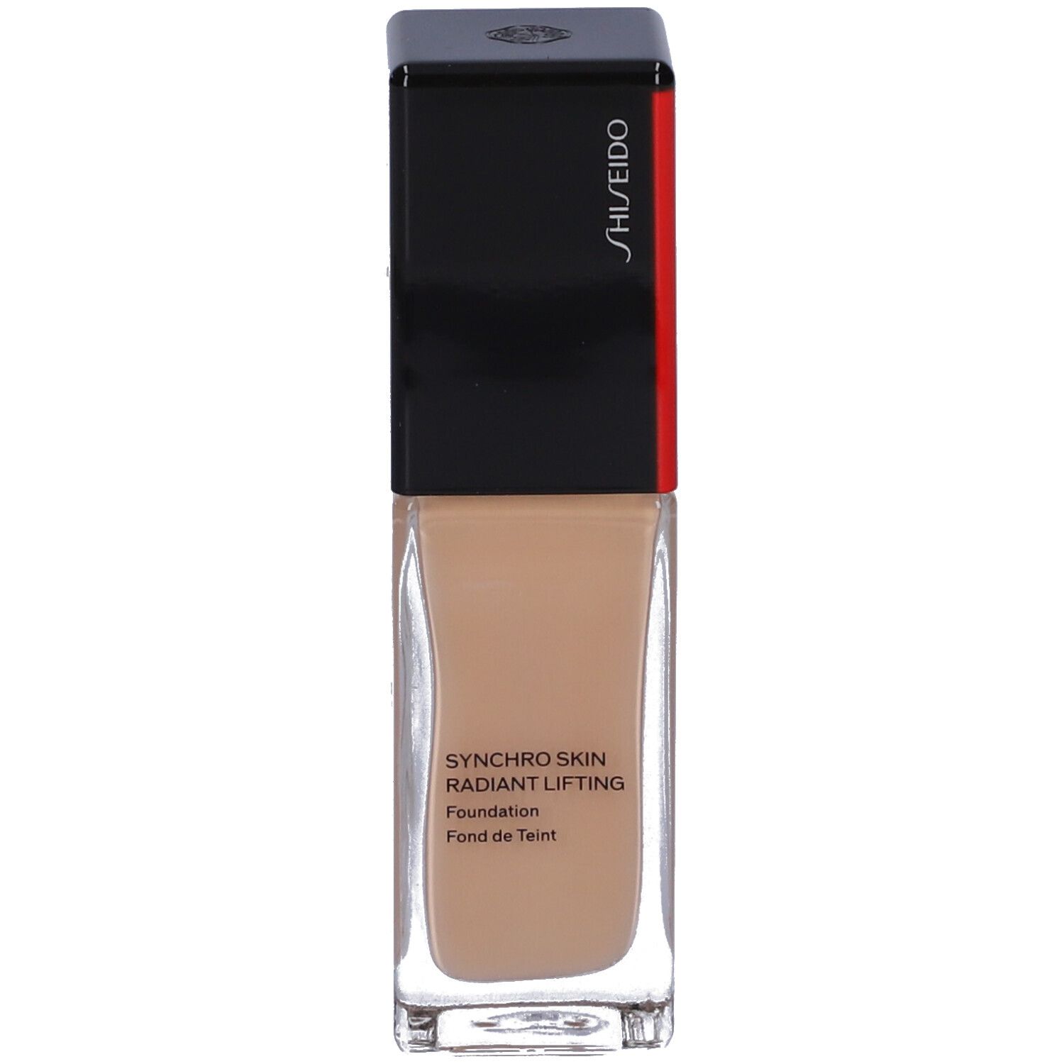 Fond de teint SHISEIDO SYNCHRO SKIN RADIANT LIFTING. Flacon en verre rectangulaire avec bouchon noir, liquide beige.