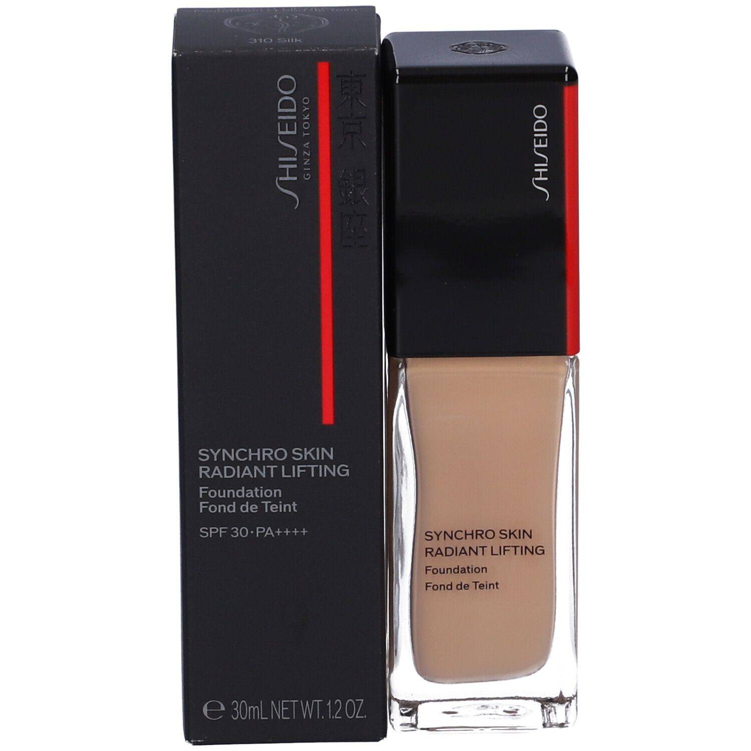 SHISEIDO SYNCHRO SKIN RADIANT LIFTING fond de teint et emballage. Boîte noire avec produit et texte.