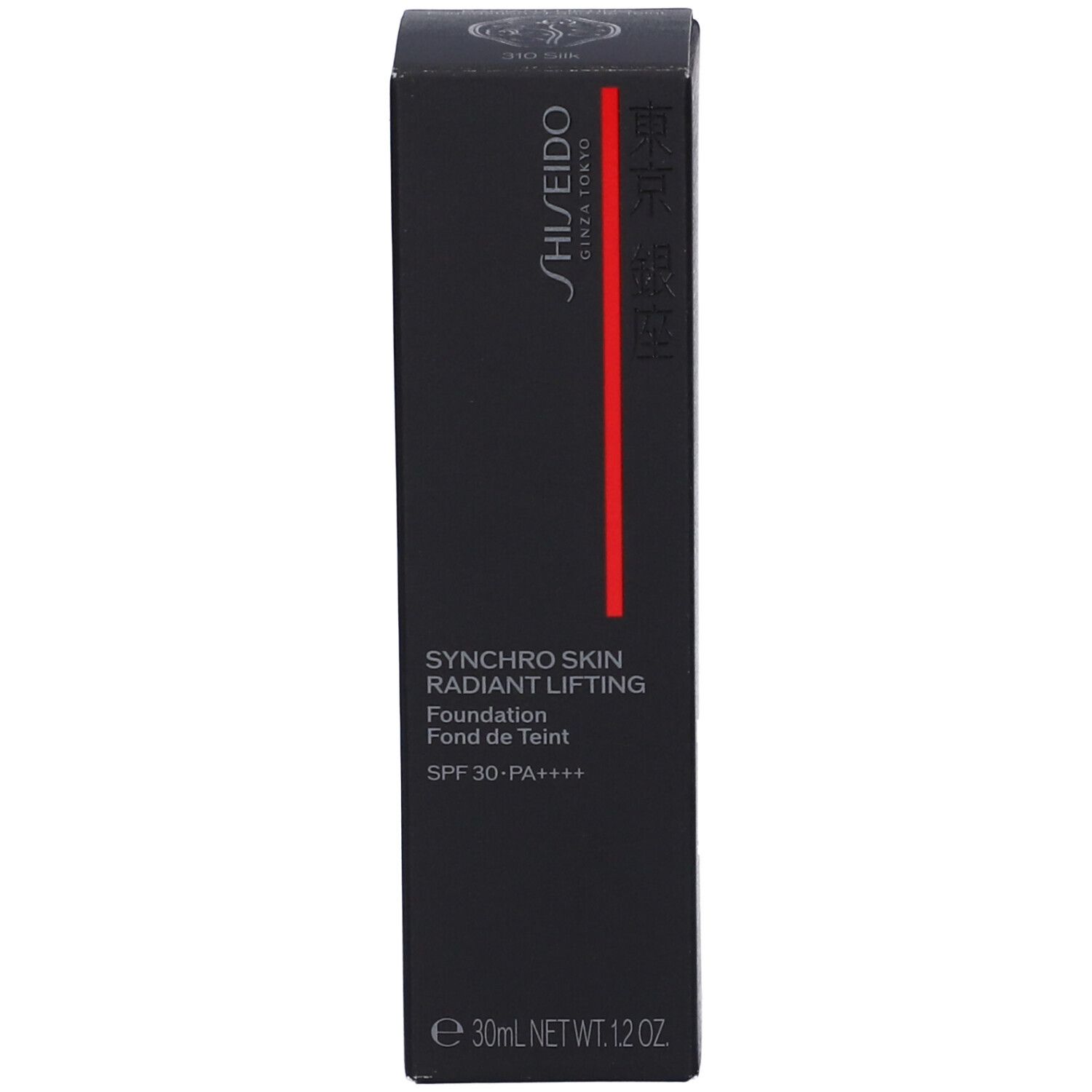 Boîte noire avec SHISEIDO SYNCHRO SKIN RADIANT LIFTING fond de teint. Texte: SPF 30-PA++++.