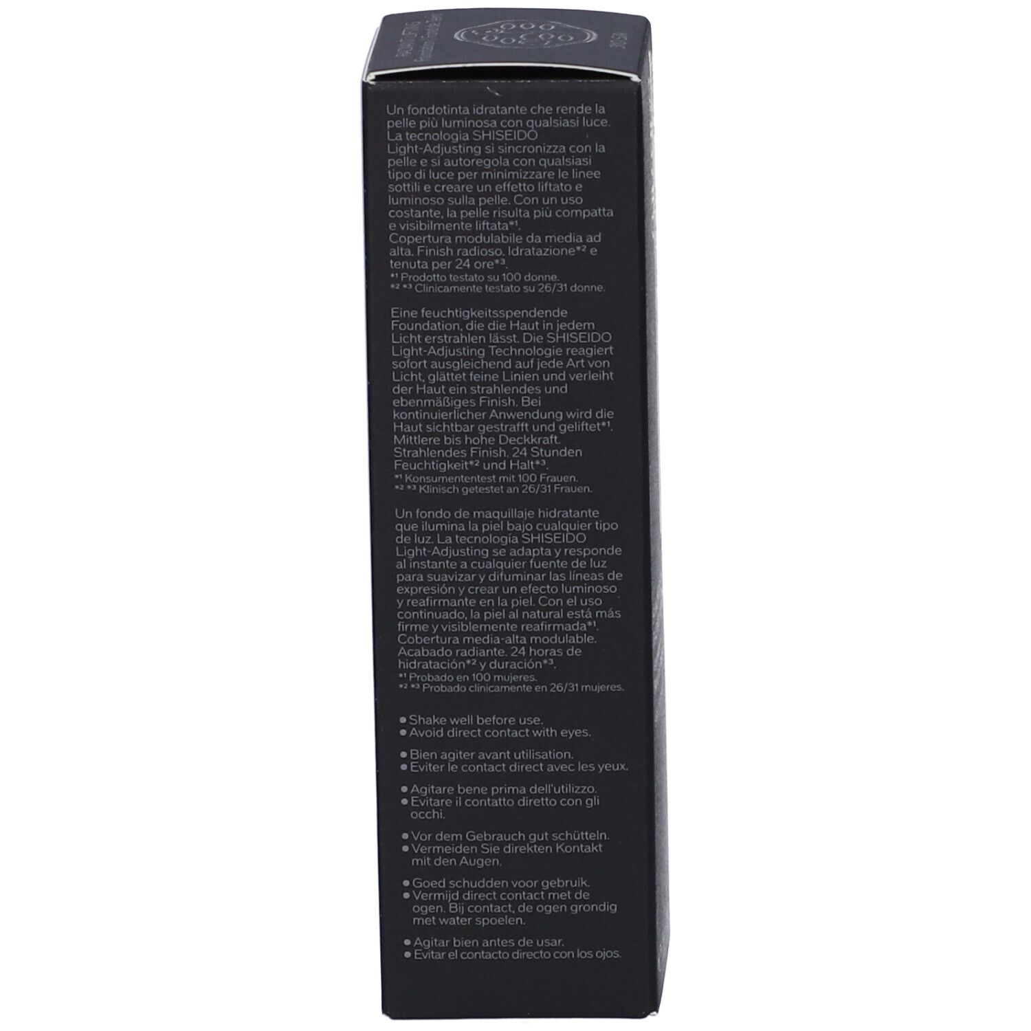 Dos de la boîte noire. Texte multilingue. Description du produit et instructions d'utilisation.
