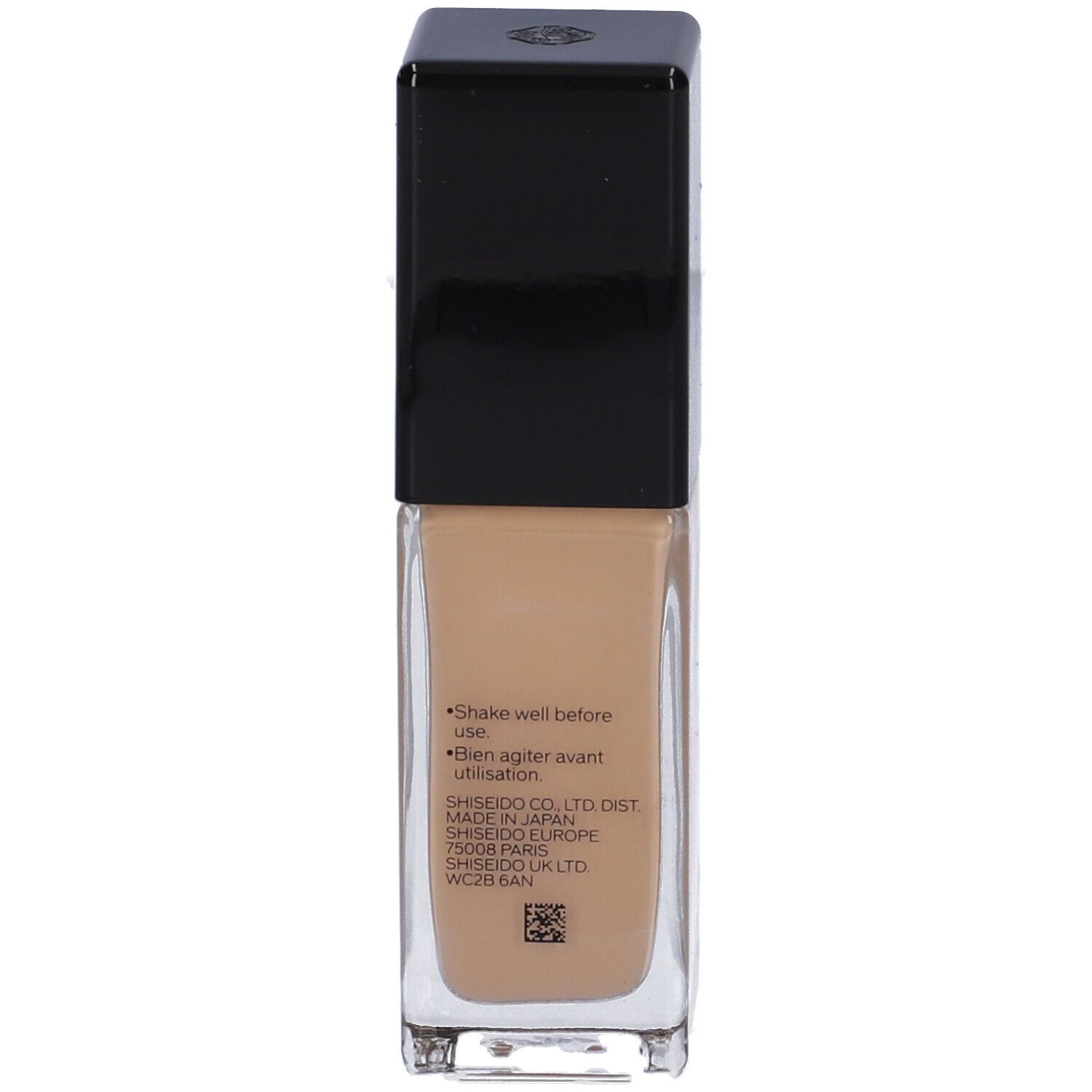 Dos du flacon SHISEIDO Synchro Skin Fond de Teint Lifting Radieux. Texte: 'Shake well before use'. Informations du fabricant.