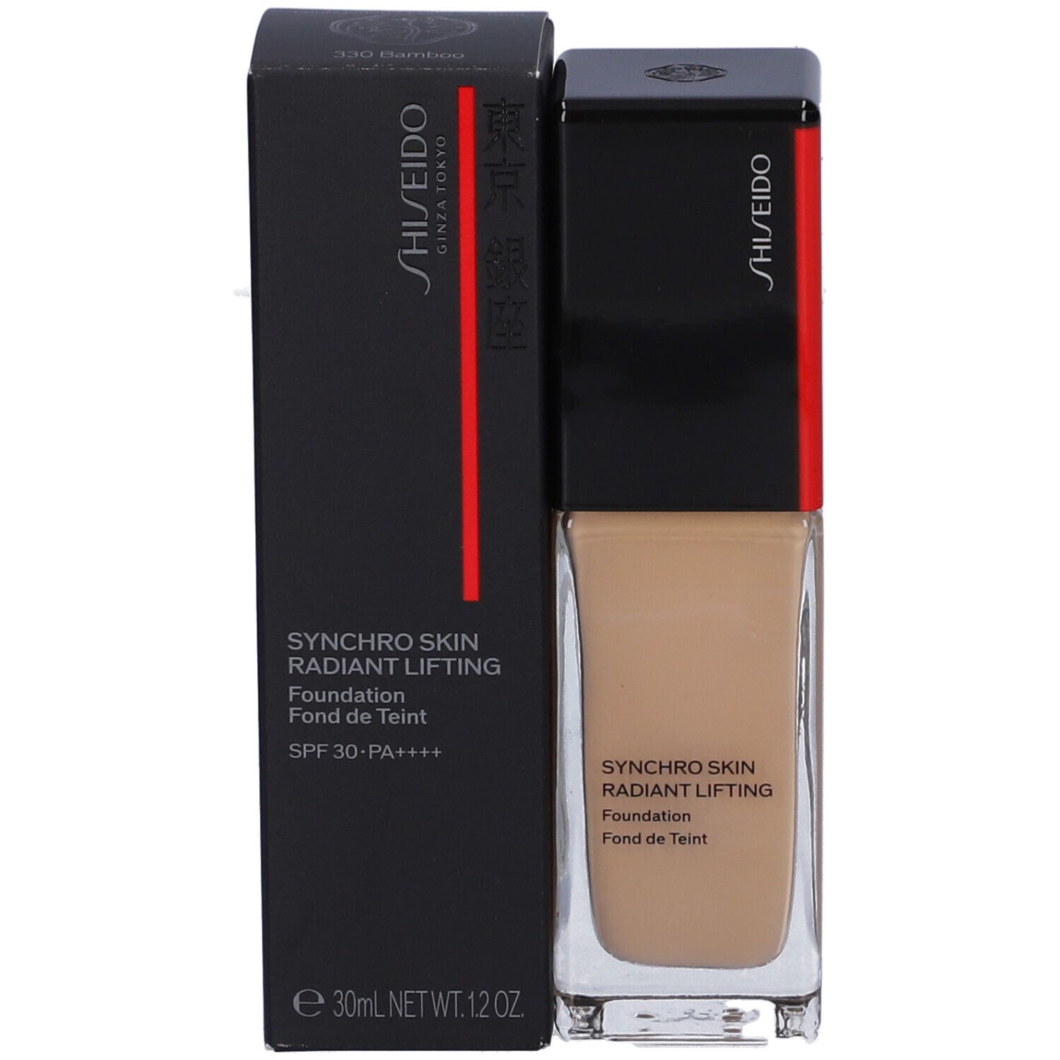 SHISEIDO Synchro Skin Fond de Teint Lifting Radieux avec emballage. Boîte noire avec nom du produit et SPF 30-PA++++. 30ml.