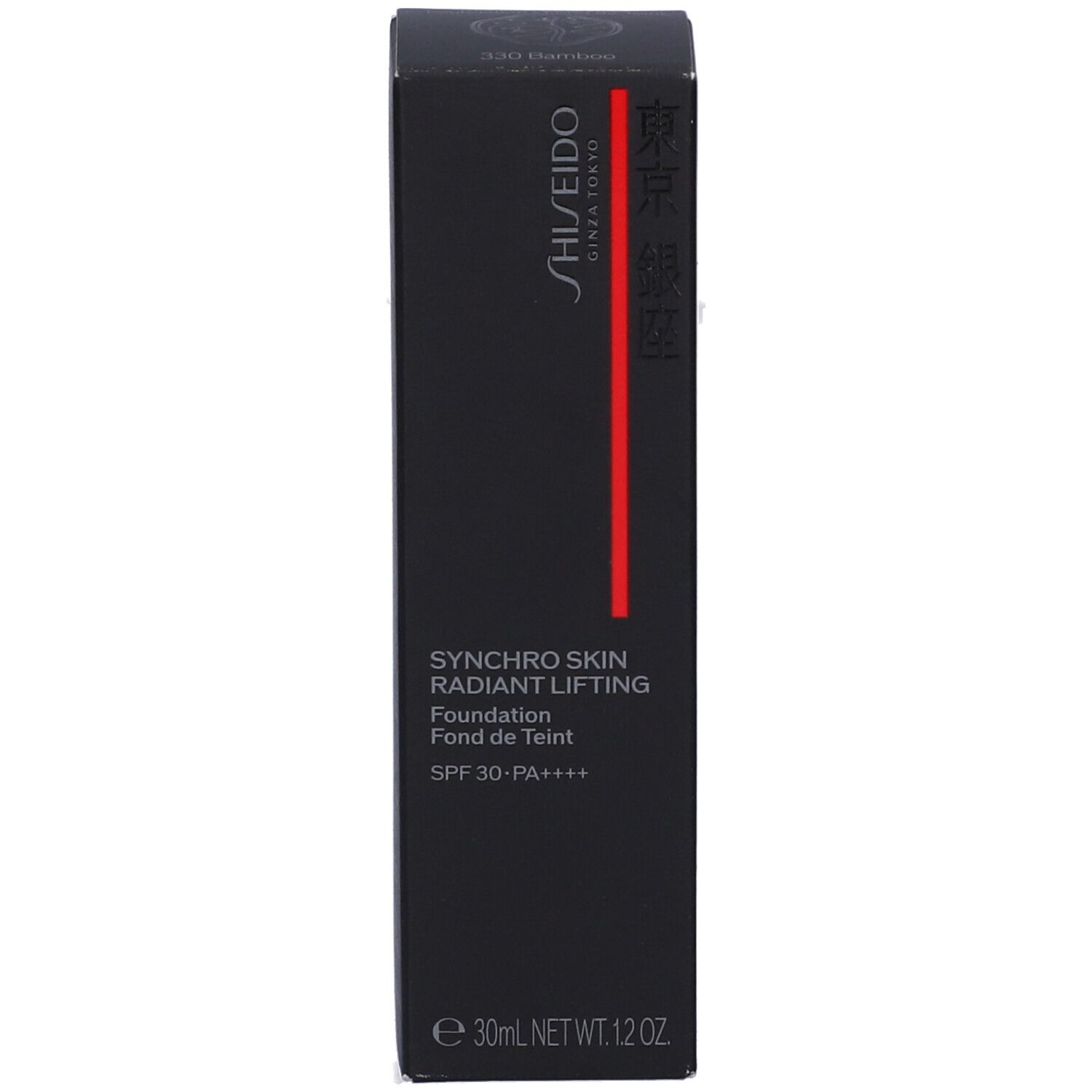 Emballage noir SHISEIDO Synchro Skin Fond de Teint Lifting Radieux. Nom du produit, SPF 30-PA++++ et logo de la marque visibles. 30ml.