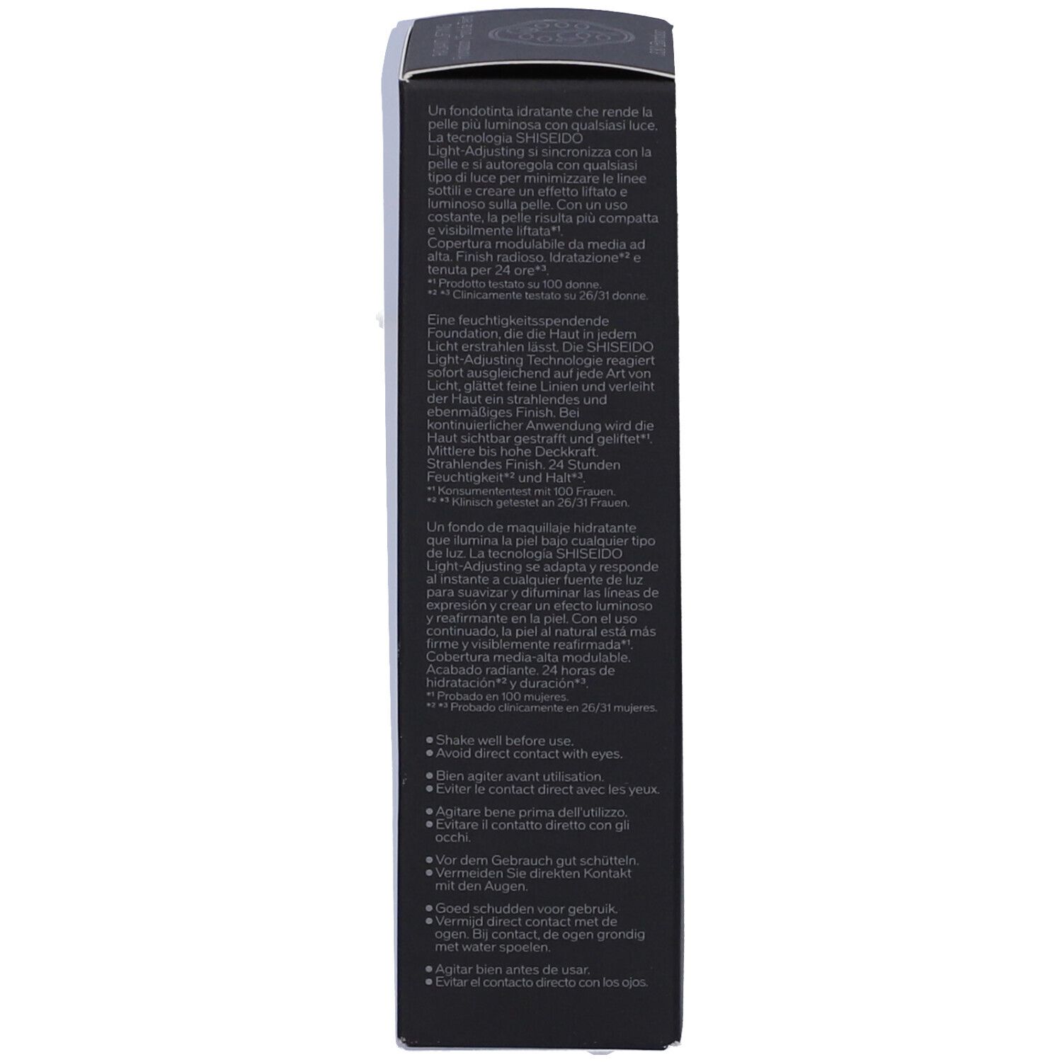 Côté de l'emballage SHISEIDO Synchro Skin Fond de Teint Lifting Radieux. Texte multilingue. Description du produit et instructions d'utilisation.