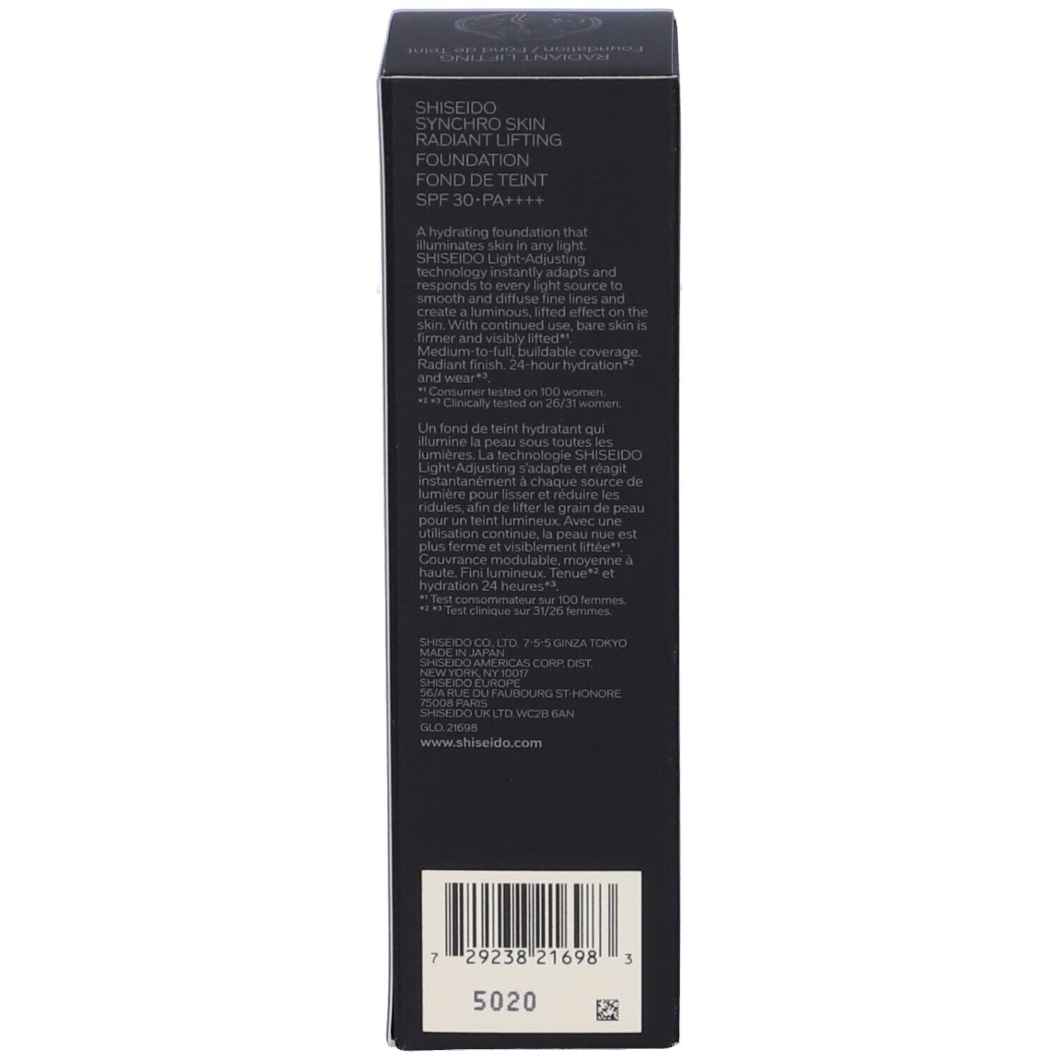 Dos de l'emballage SHISEIDO Synchro Skin Fond de Teint Lifting Radieux. Description du produit, informations du fabricant et code-barres.