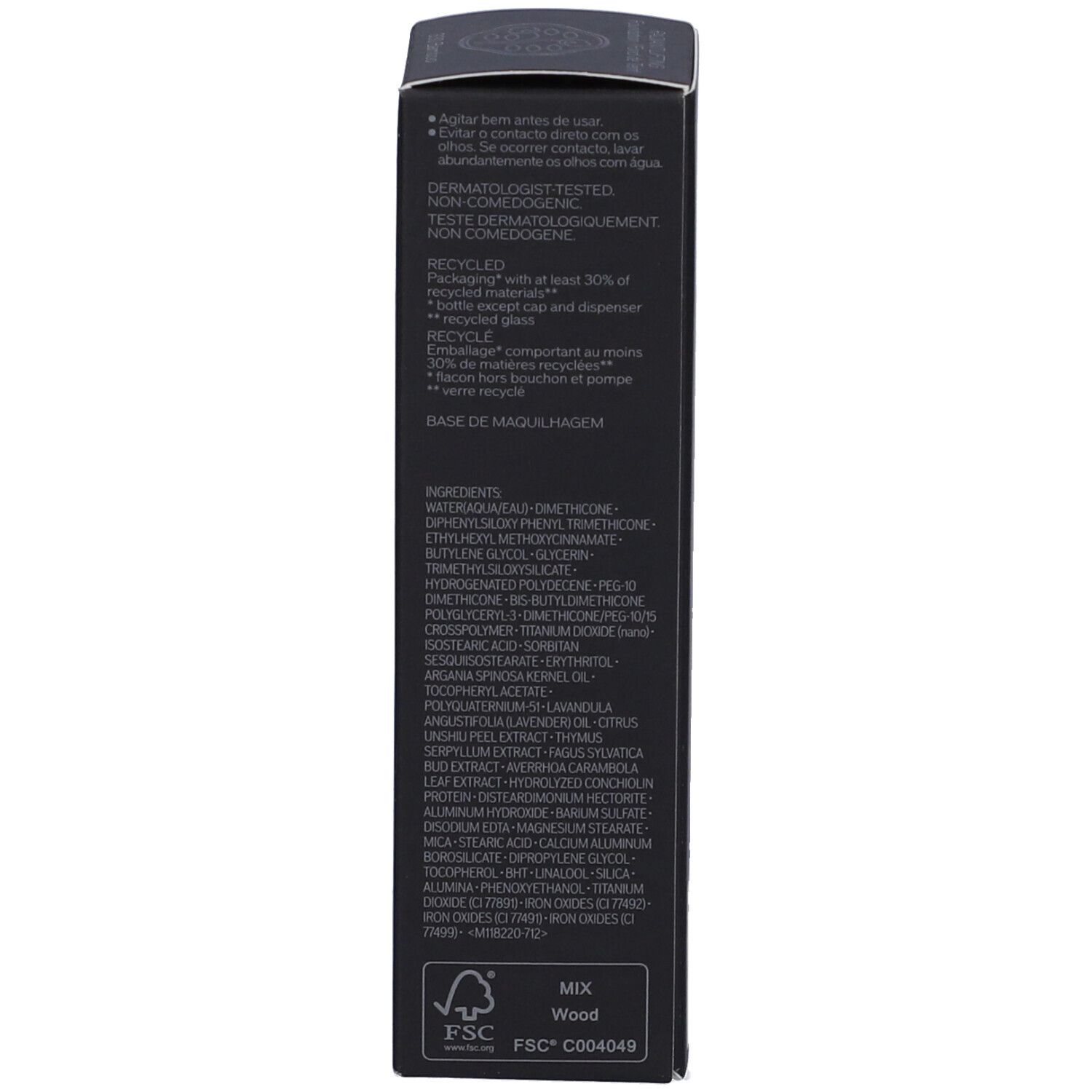 Côté de l'emballage SHISEIDO Synchro Skin Fond de Teint Lifting Radieux. Ingrédients, informations de recyclage et certification FSC.