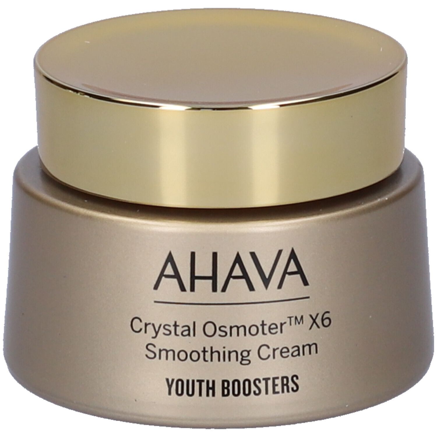 Crème lissante AHAVA. Pot doré avec couvercle doré. Inscription AHAVA, Crystal Osmoter X6, Smoothing Cream, Youth Boosters.