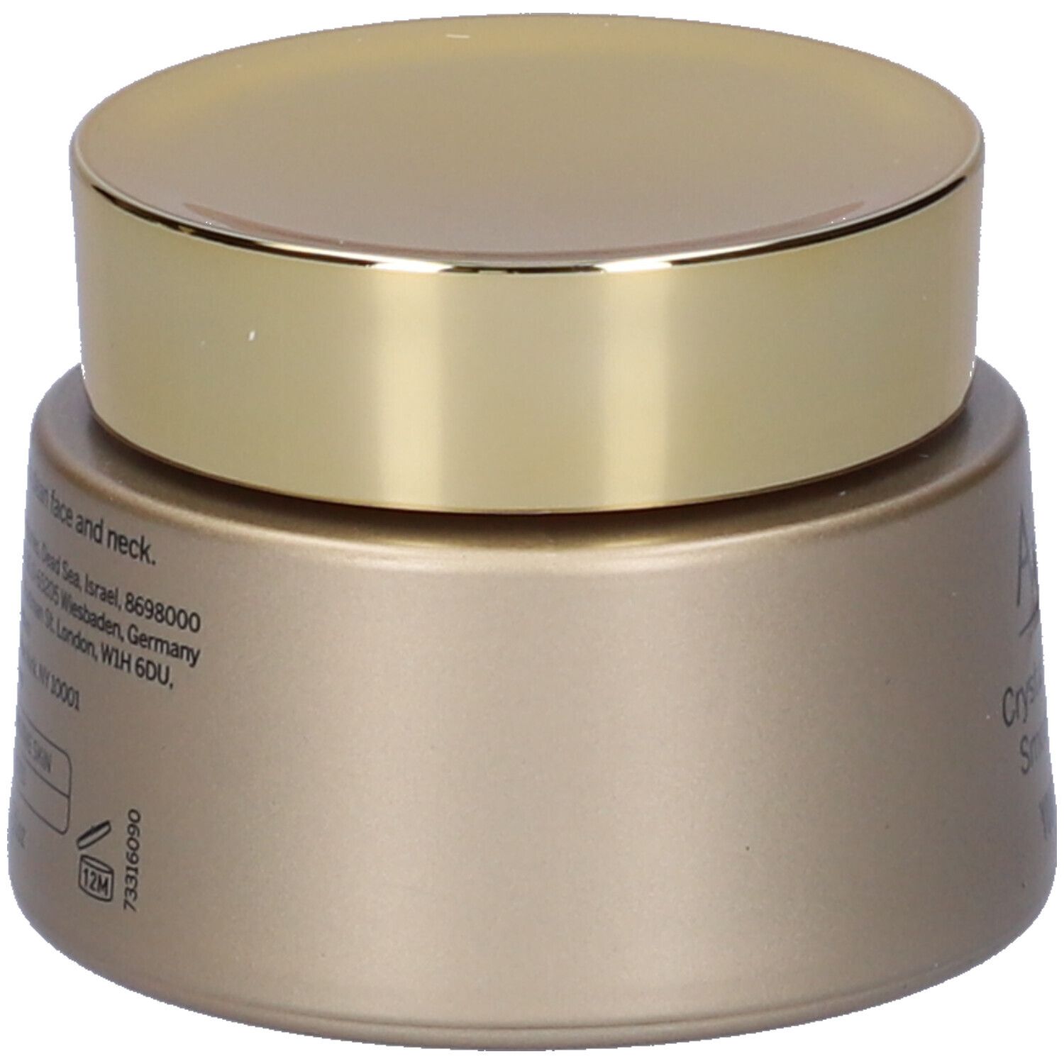 Crème lissante AHAVA. Pot doré avec couvercle doré. Vue latérale avec texte.