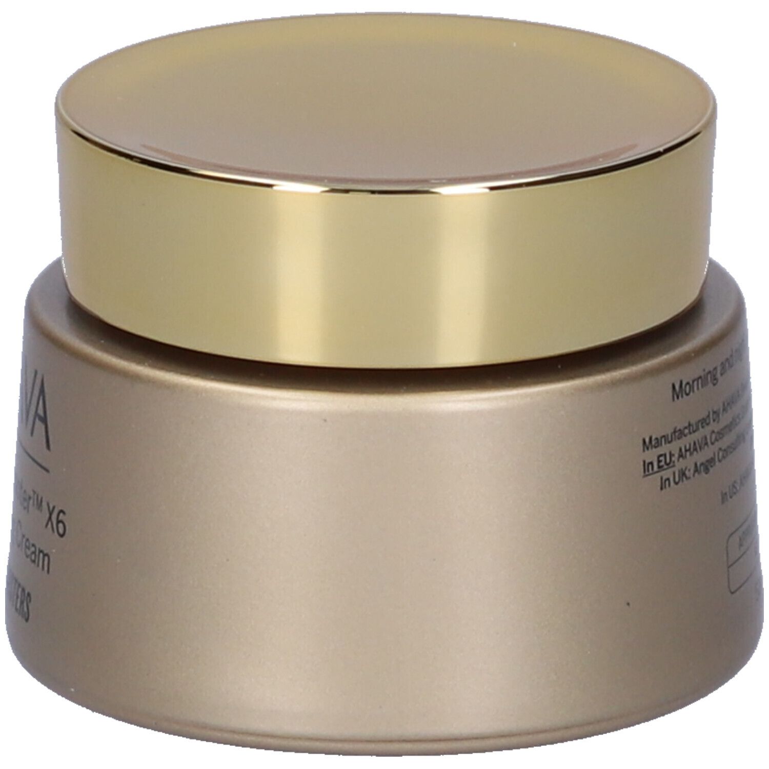 Crème lissante AHAVA. Pot doré avec couvercle doré. Vue latérale avec texte.