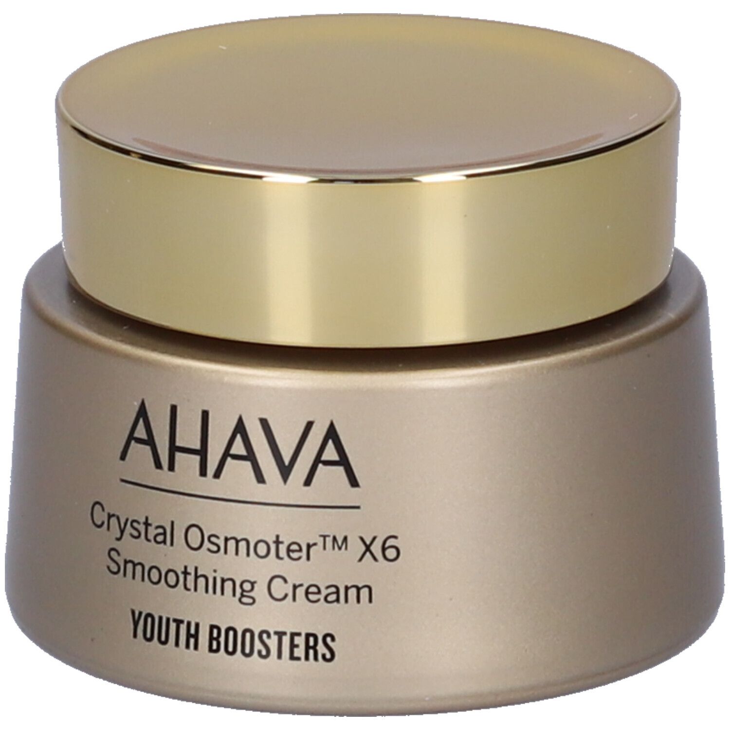 Crème lissante AHAVA. Pot doré avec couvercle doré. Inscription AHAVA, Crystal Osmoter X6, Smoothing Cream, Youth Boosters.