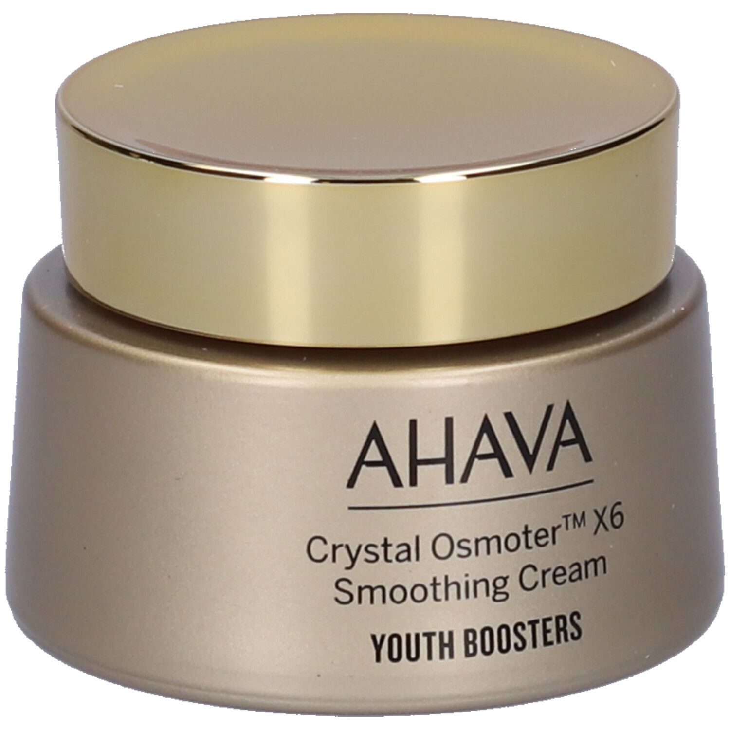 Crème lissante AHAVA. Pot doré avec couvercle doré. Inscription AHAVA, Crystal Osmoter X6, Smoothing Cream, Youth Boosters.