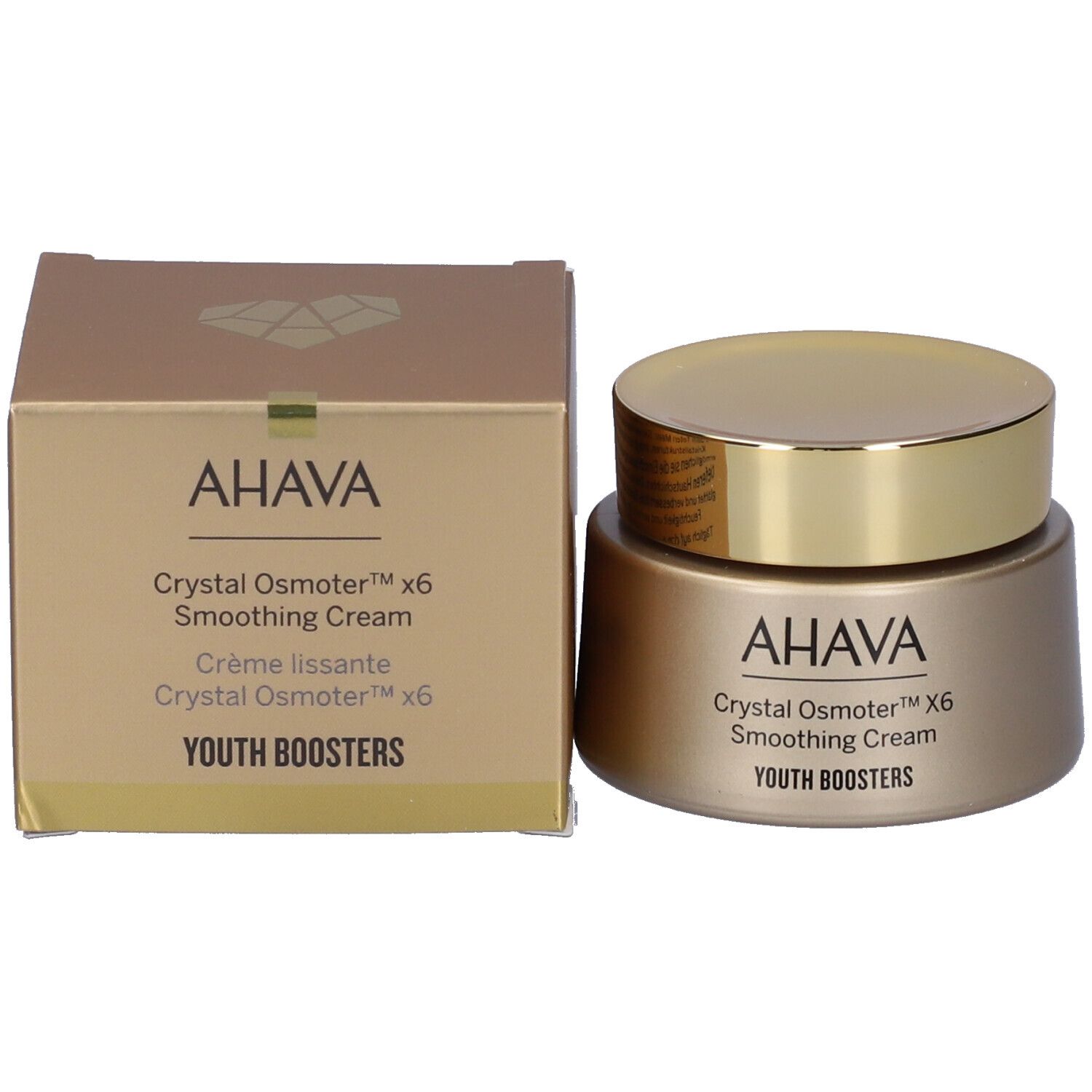 Crème lissante AHAVA. Pot et boîte. Inscription AHAVA, Crystal Osmoter X6, Smoothing Cream, Crème lissante, Youth Boosters.