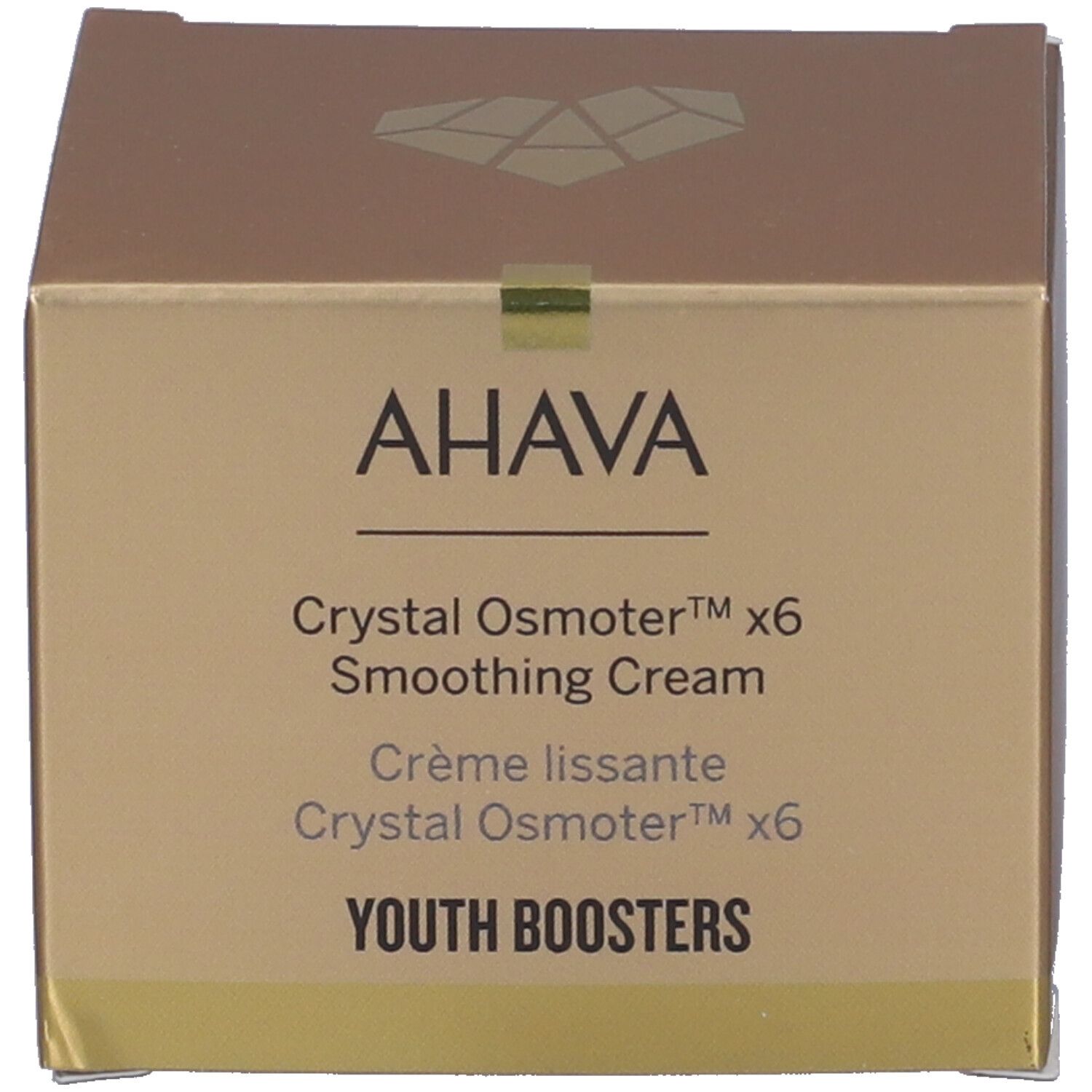 Crème lissante AHAVA. Boîte. Inscription AHAVA, Crystal Osmoter X6, Smoothing Cream, Crème lissante, Youth Boosters.