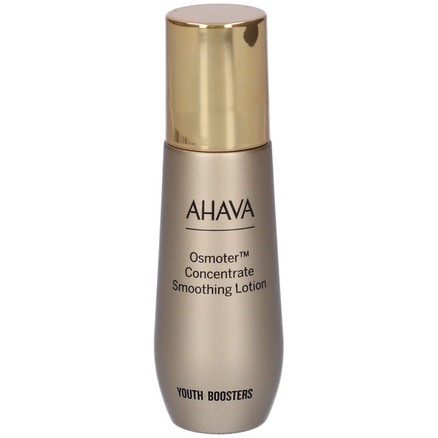 AHAVA Osmoter™ Concentrate Smoothing Lotion. Flacon doré avec bouchon doré. Inscription AHAVA et nom du produit.